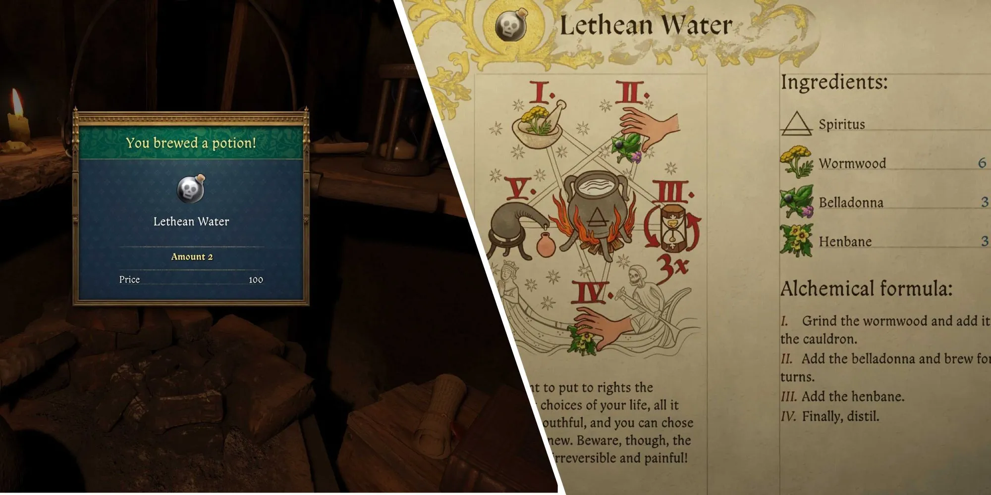 Hình ảnh công thức Lethean Water trong Kingdom Come Deliverance 2 hiển thị chi tiết các bước chế tạo