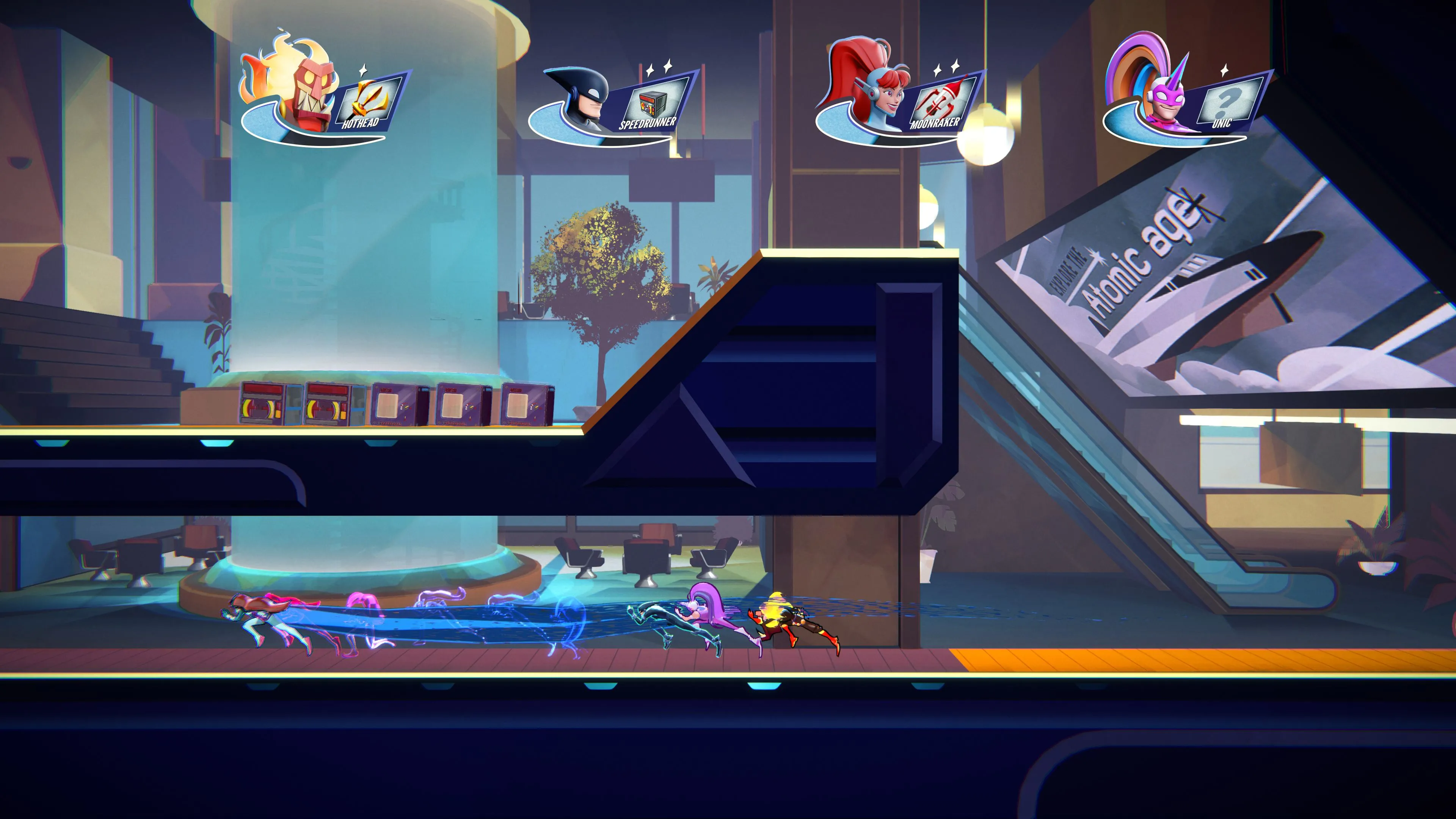Hình ảnh gameplay một cuộc đua hỗn loạn trong SpeedRunners 2: King of Speed với nhiều người chơi
