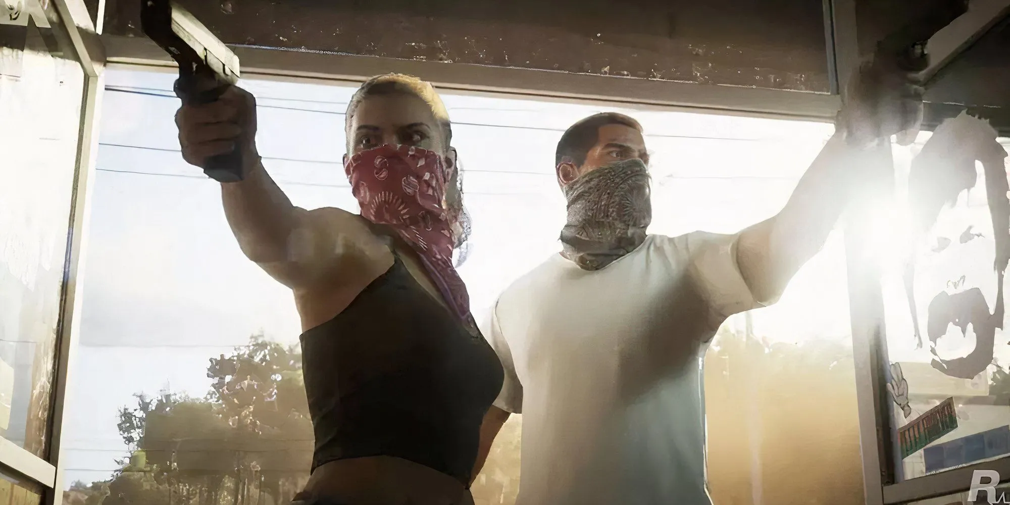 Hình ảnh Jason và Lucia trong trailer Grand Theft Auto 6 chuẩn bị thực hiện một phi vụ cướp cửa hàng