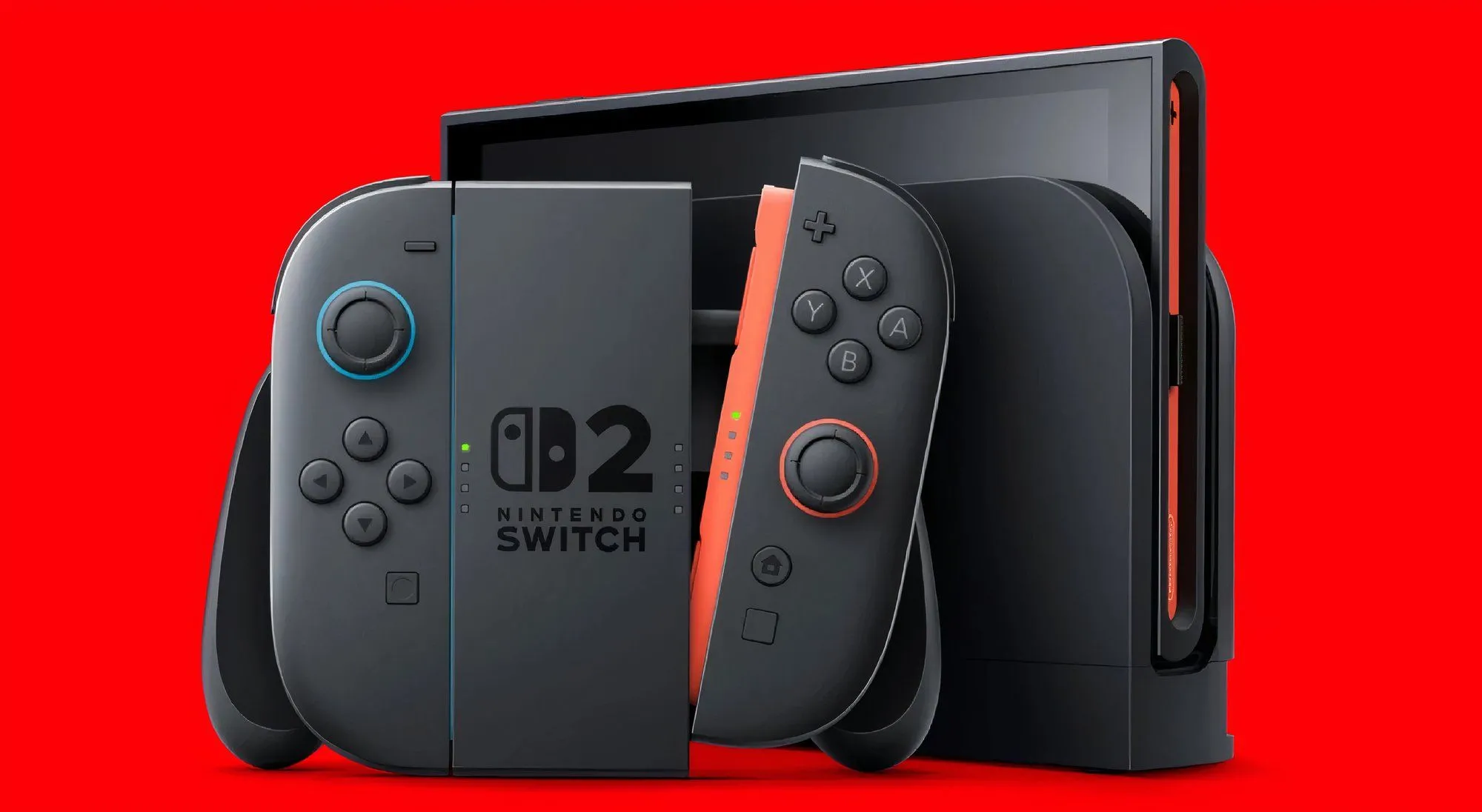 Hình ảnh máy chơi game Nintendo Switch 2 với tay cầm Joy-Con màu xanh và đỏ