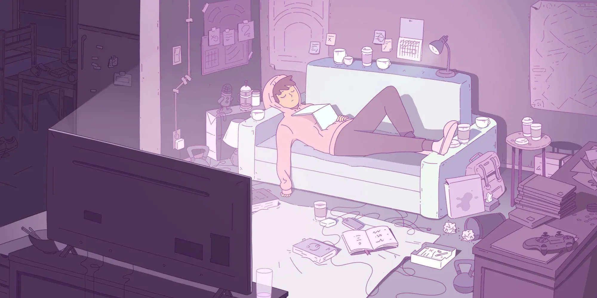 Hình ảnh một nhân vật đang ngủ trên ghế sofa trong game Melatonin, thể hiện không khí thư giãn