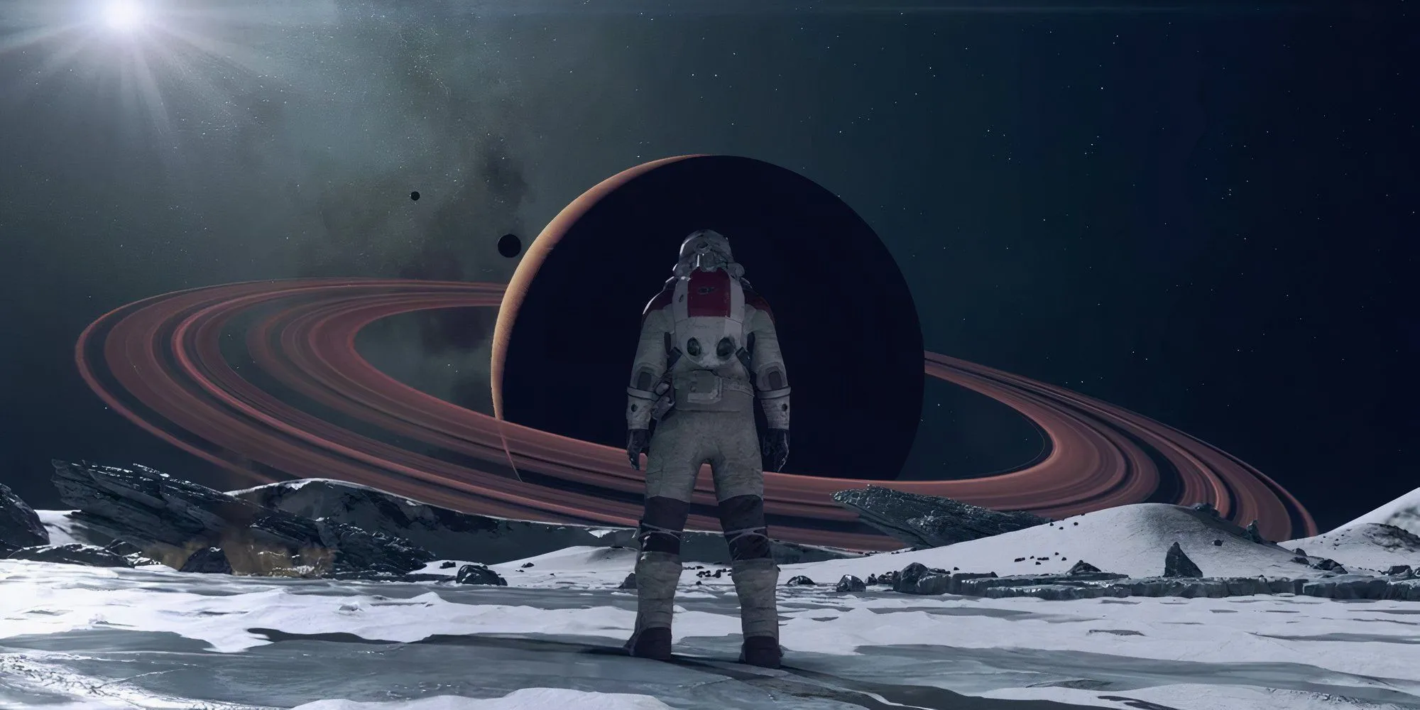 Hình ảnh phi hành gia Starfield đứng trước Sao Thổ - tựa game được cho là đã có kế hoạch lên PS5.
