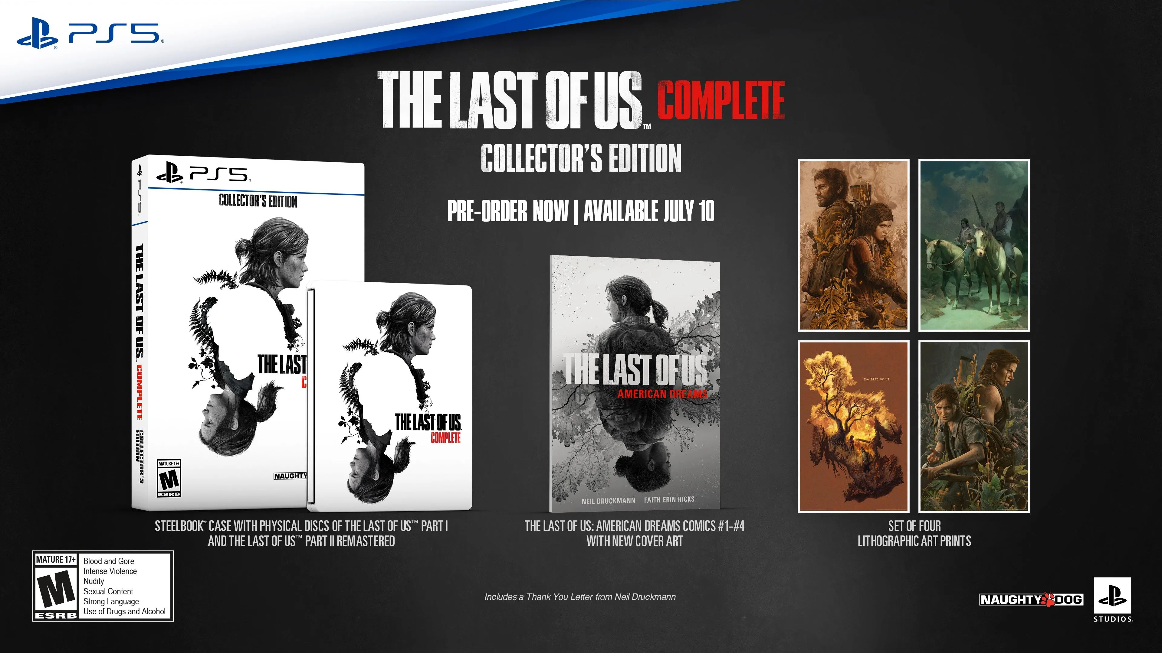 Hình ảnh quảng bá bộ sưu tập The Last of Us Complete Collector's Edition với steelbook và các vật phẩm đi kèm.