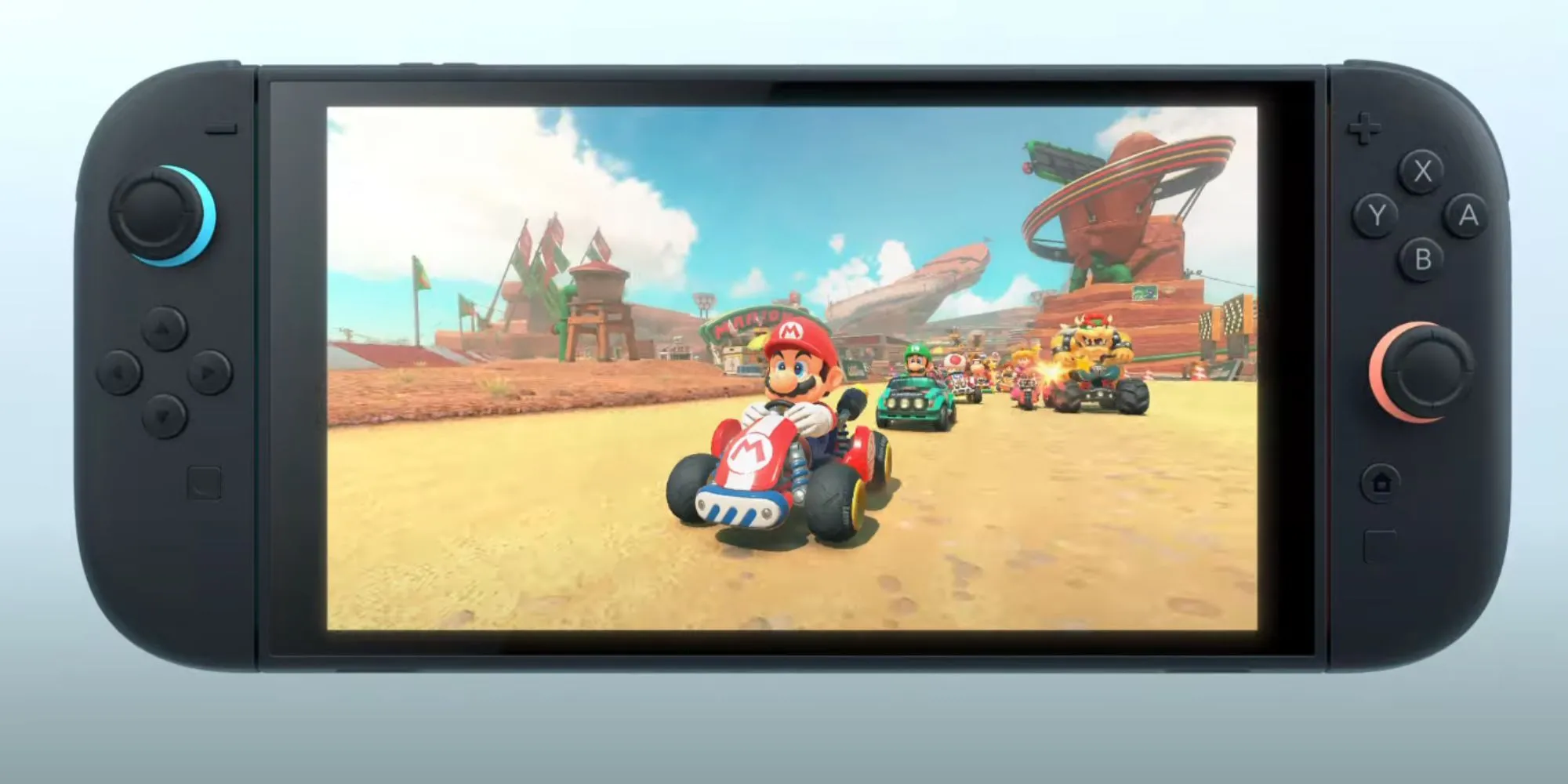 Hình ảnh quảng cáo cho Mario Kart trên Nintendo Switch 2, thể hiện các nhân vật quen thuộc và đường đua mới.