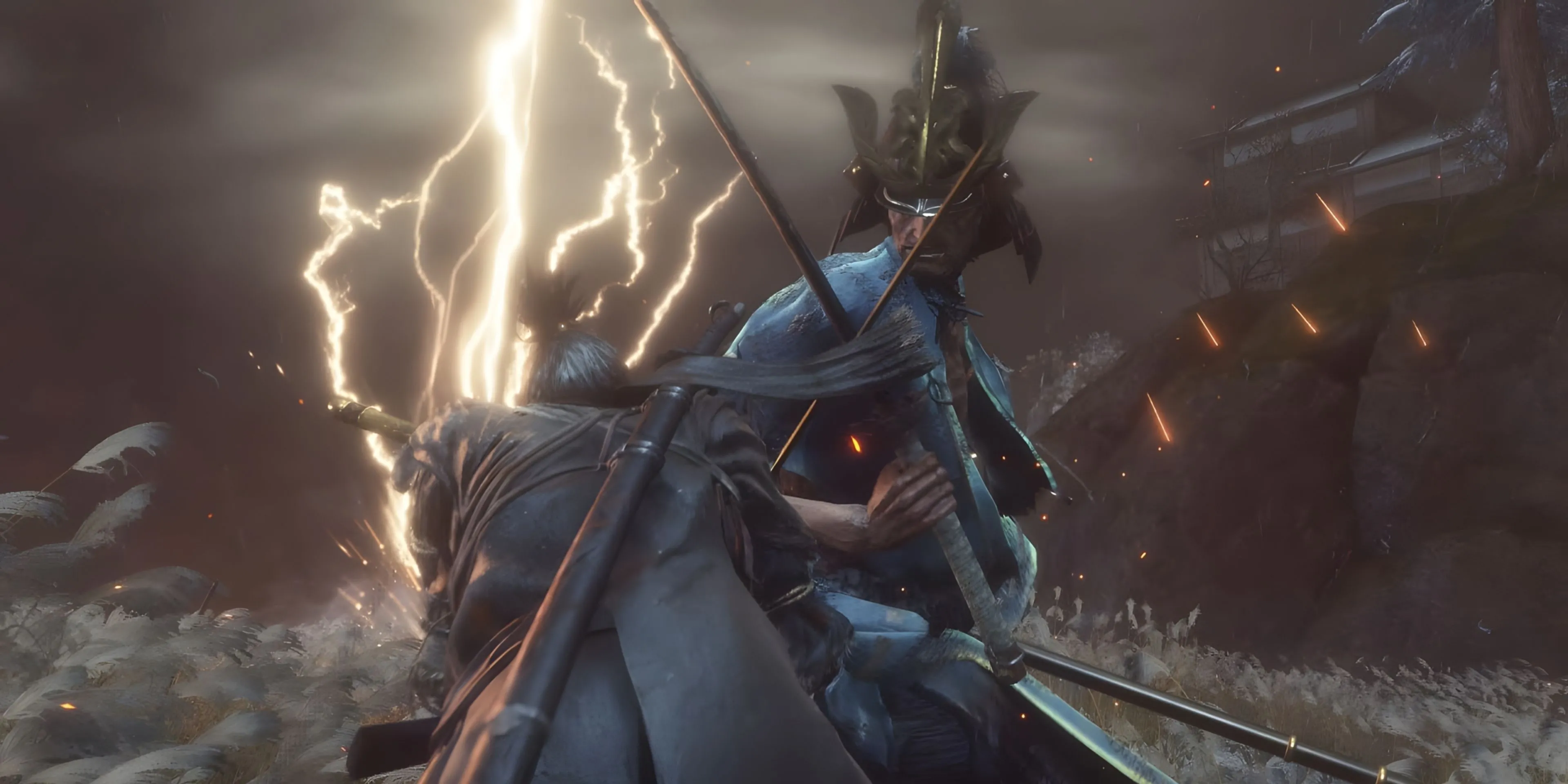 Isshin, the Sword Saint trong Sekiro Shadows Die Twice đứng giữa trận chiến với kiếm và giáo