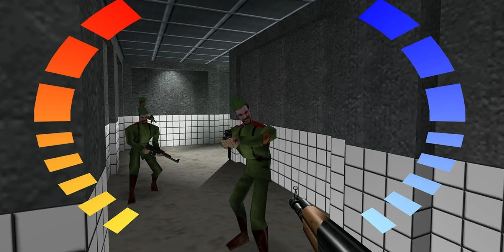 James Bond nhắm bắn quân địch trong game GoldenEye 007 trên N64