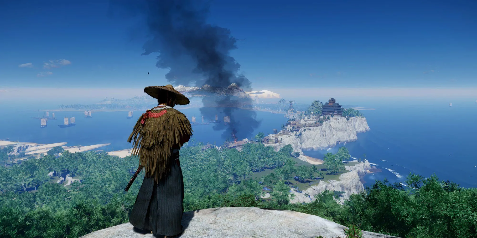 Jin Sakai trong Ghost of Tsushima đứng trên một vách đá nhìn từ trên cao xuống khung cảnh tuyệt đẹp của đảo Tsushima