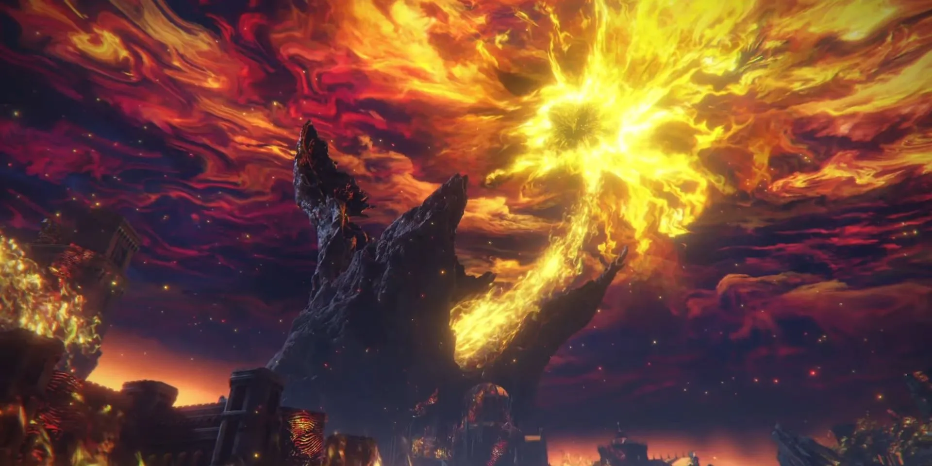 Kết thúc Lord of Frenzied Flame trong Elden Ring, nơi thế giới chìm trong biển lửa hủy diệt bởi lựa chọn của người chơi.