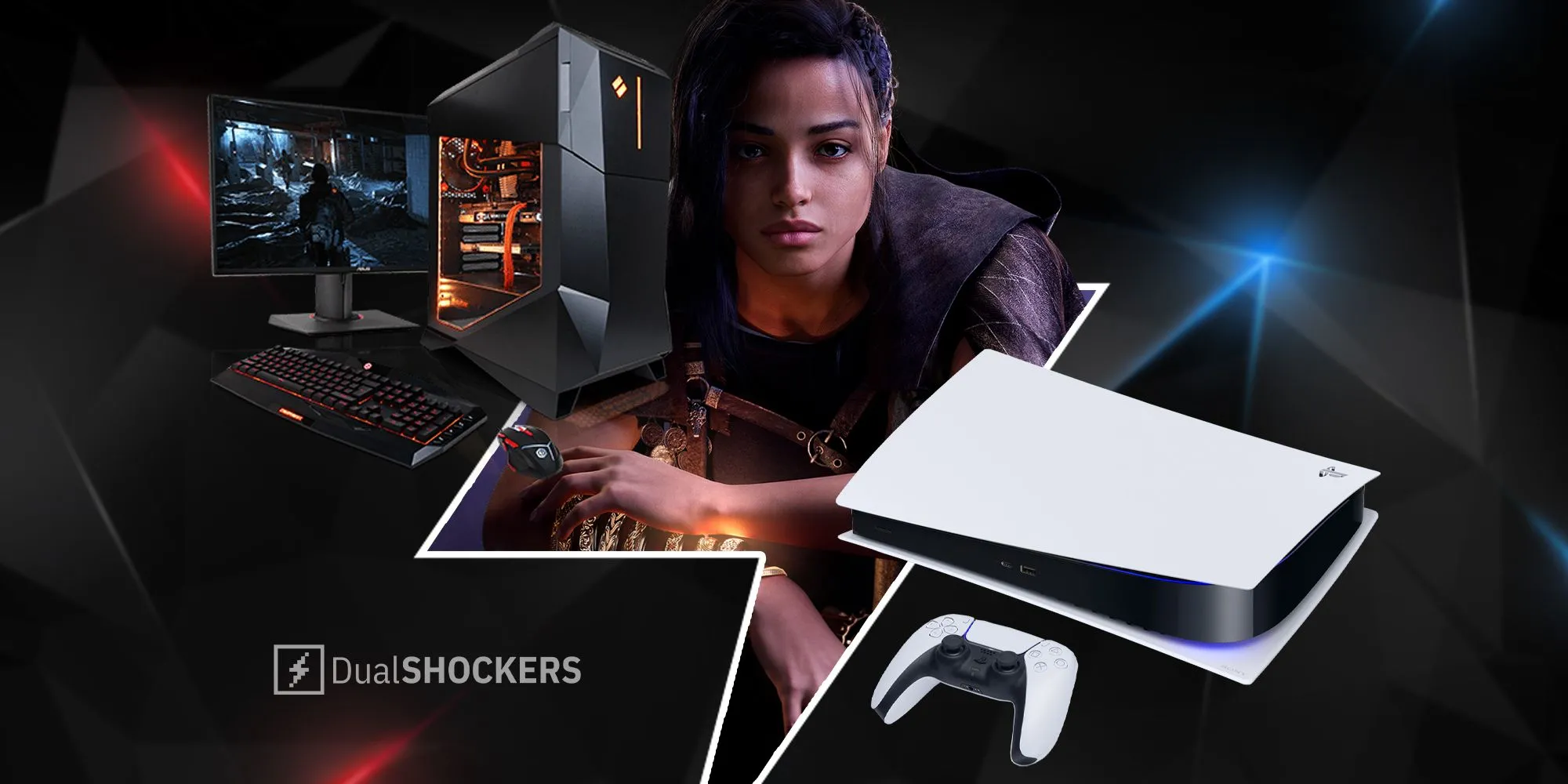 Không gian PC gaming hiện đại bên cạnh máy PS5 và hình ảnh nhân vật game Forspoken minh họa sự đa dạng nền tảng