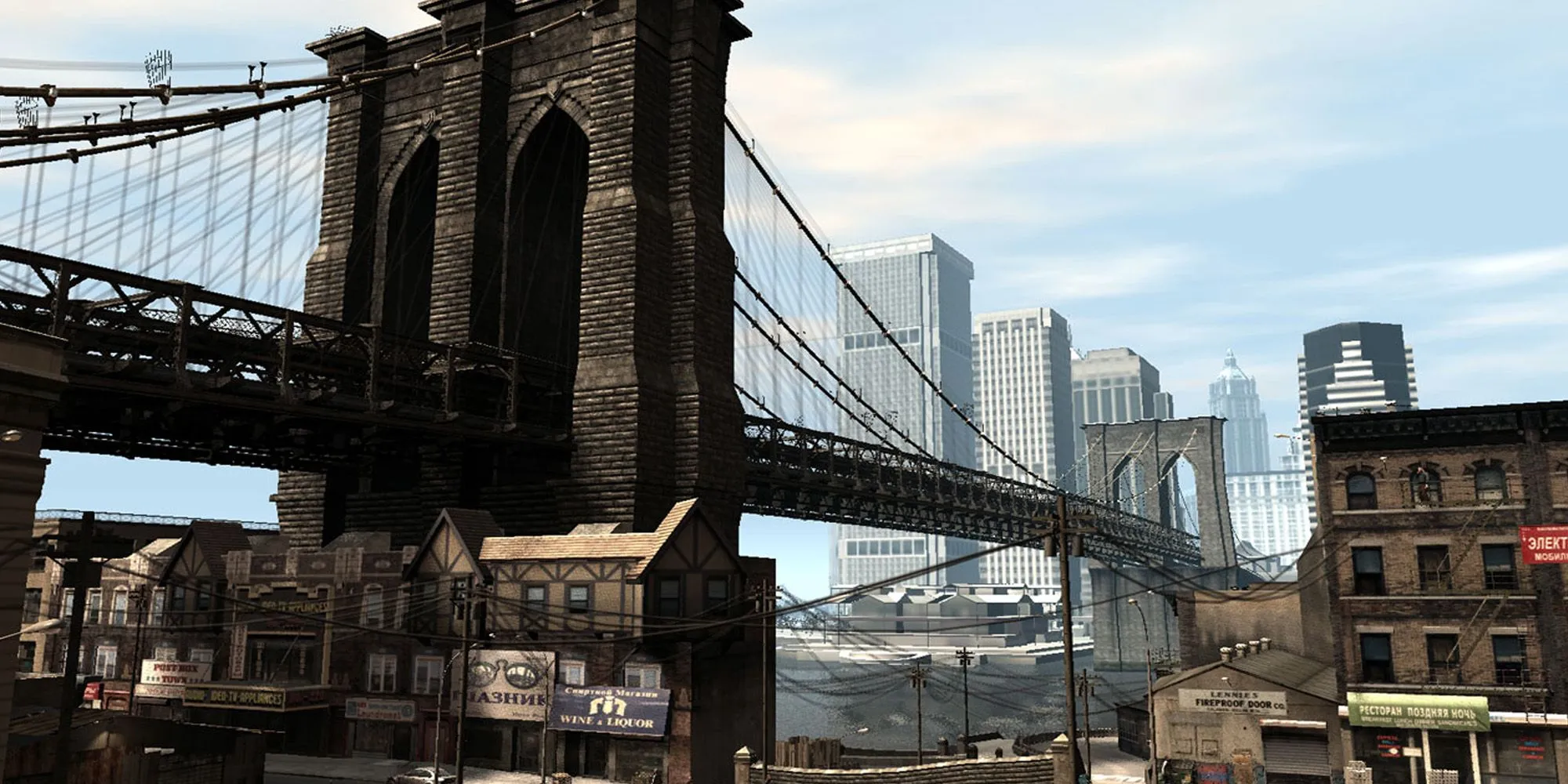 Khu Broker trong GTA 4 với cầu Broker Bridge nổi bật và các tòa nhà đa dạng