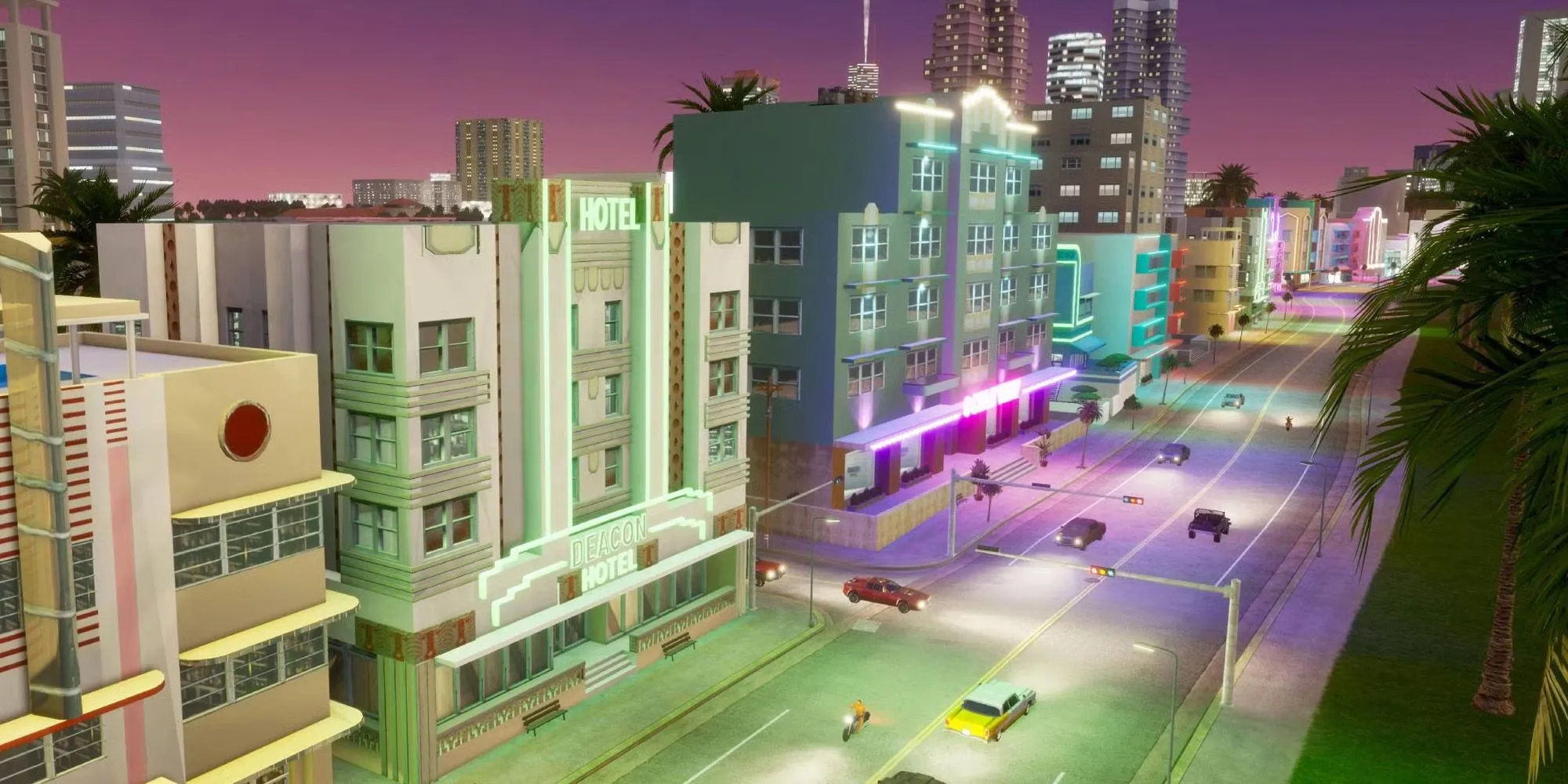 Khu Ocean Beach rực rỡ ánh đèn neon về đêm trong GTA Vice City