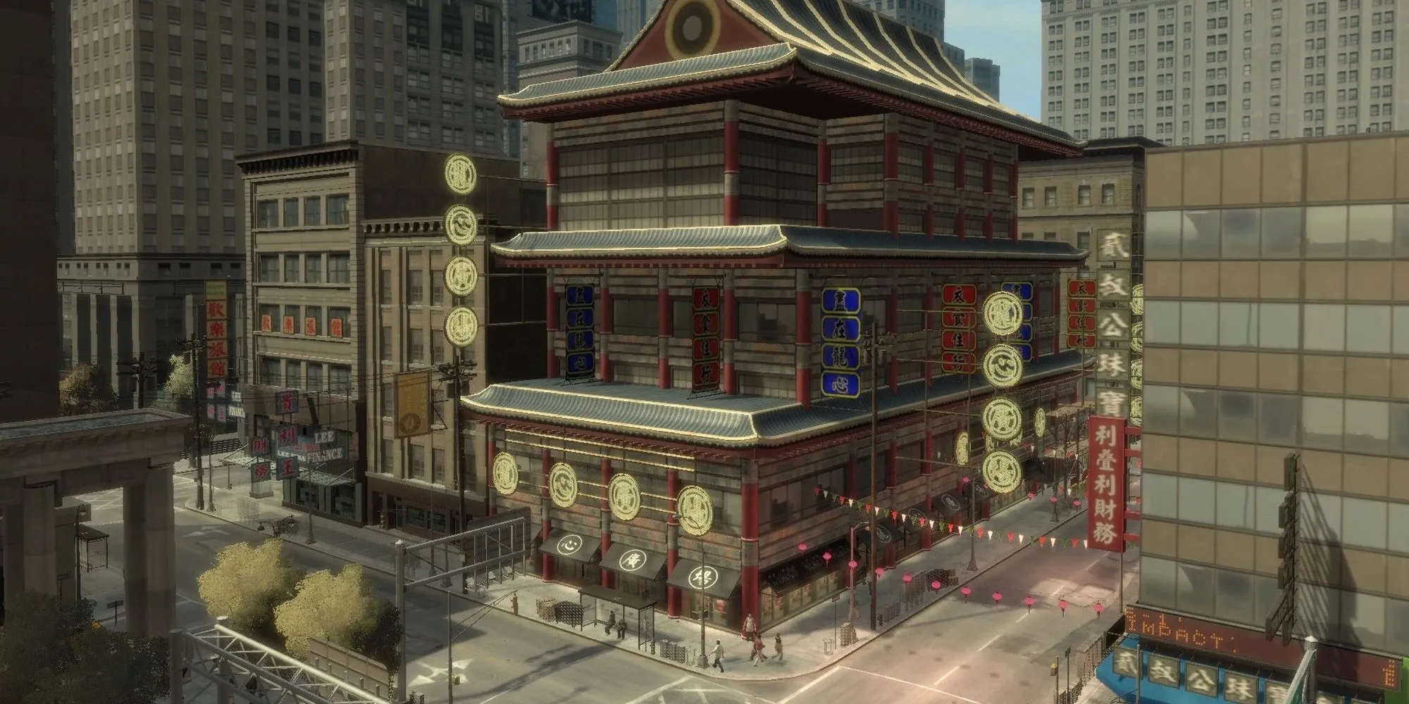 Khu phố Tàu Chinatown đặc trưng trong GTA 4 với đèn lồng đỏ và kiến trúc độc đáo