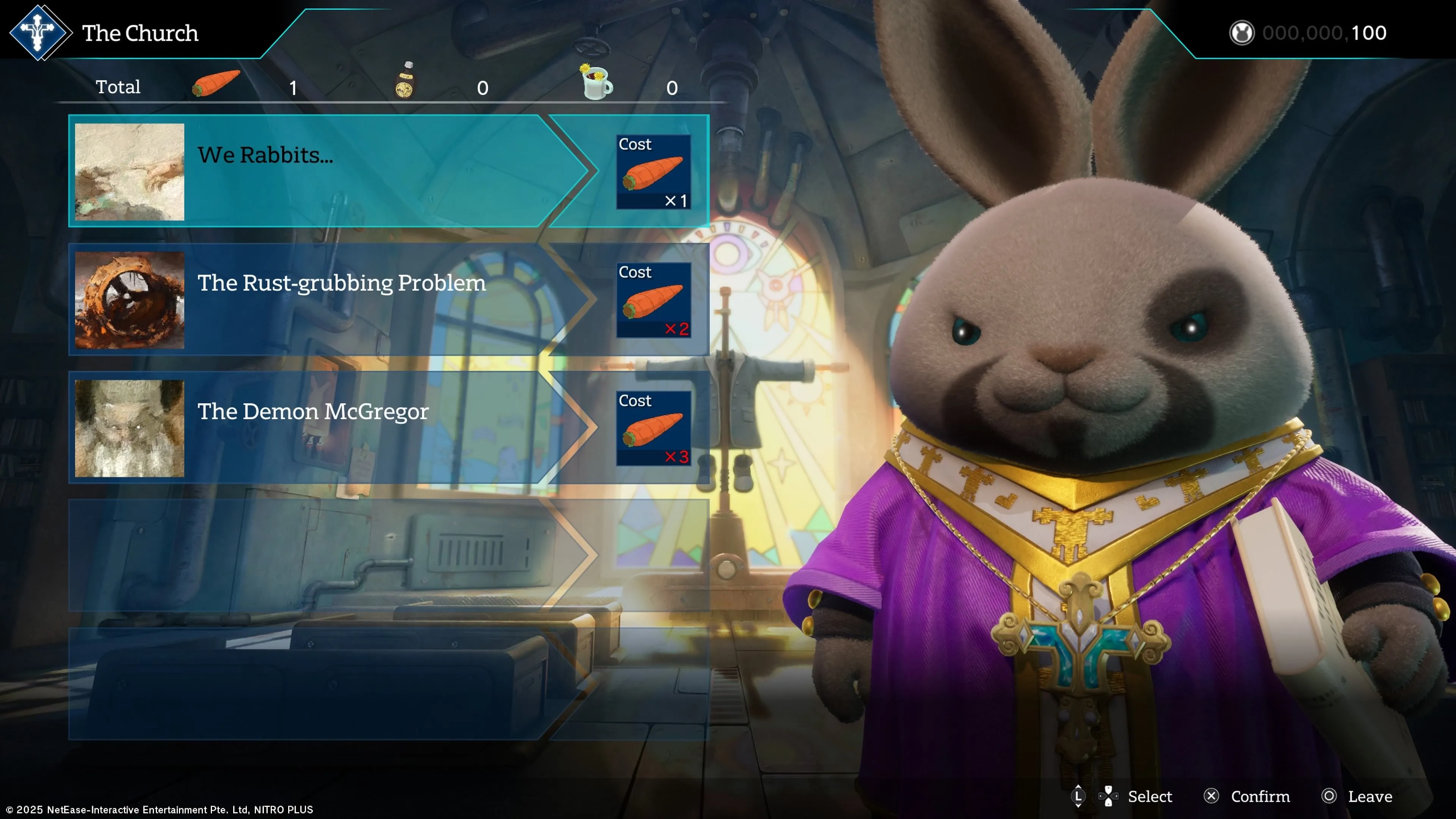 Khung cảnh bên trong một nhà thờ trong game Rusty Rabbit, nơi người chơi tìm hiểu về đức tin của loài thỏ