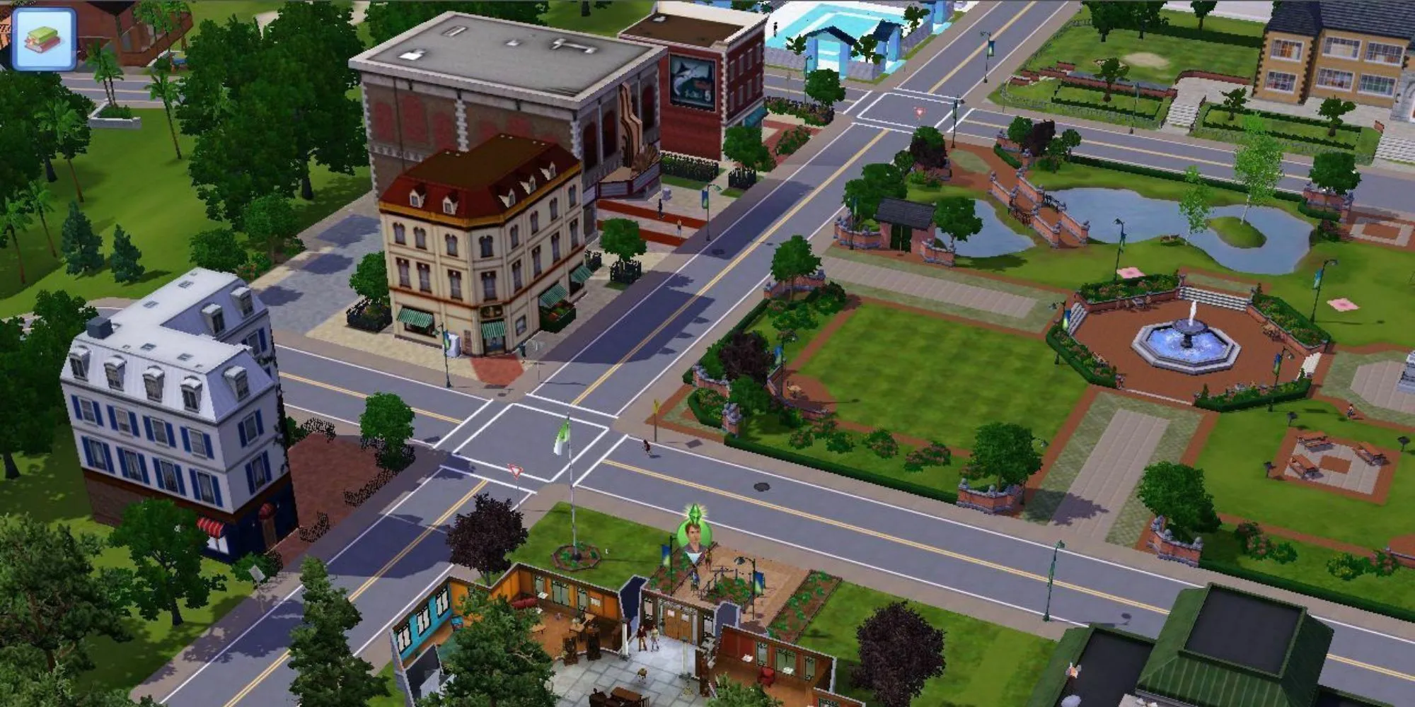 Khung cảnh một thị trấn trong The Sims 3 với nhân vật Sim được làm nổi bật