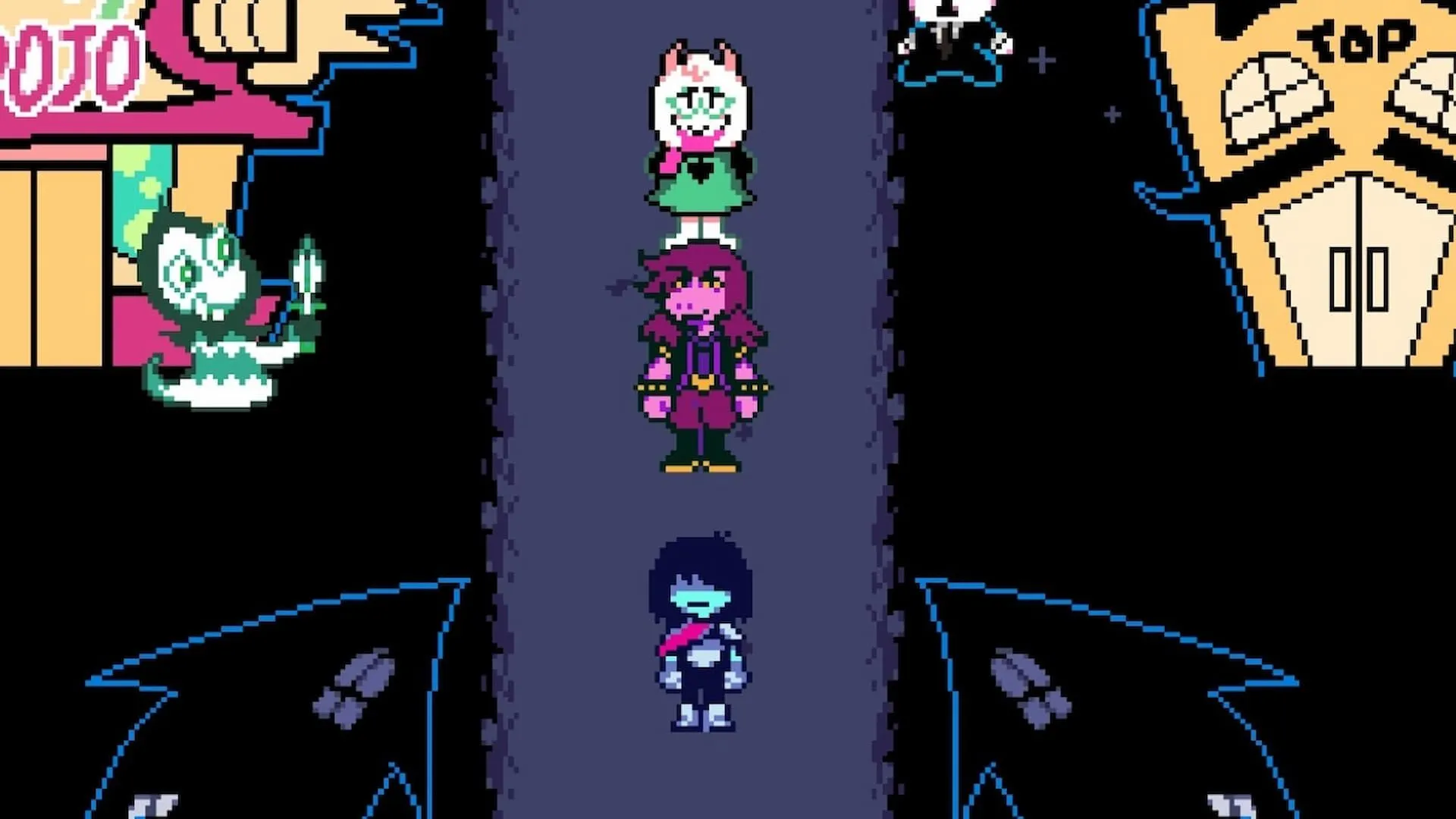 Kris, Ralsei và Susie trong một thị trấn của thế giới Deltarune