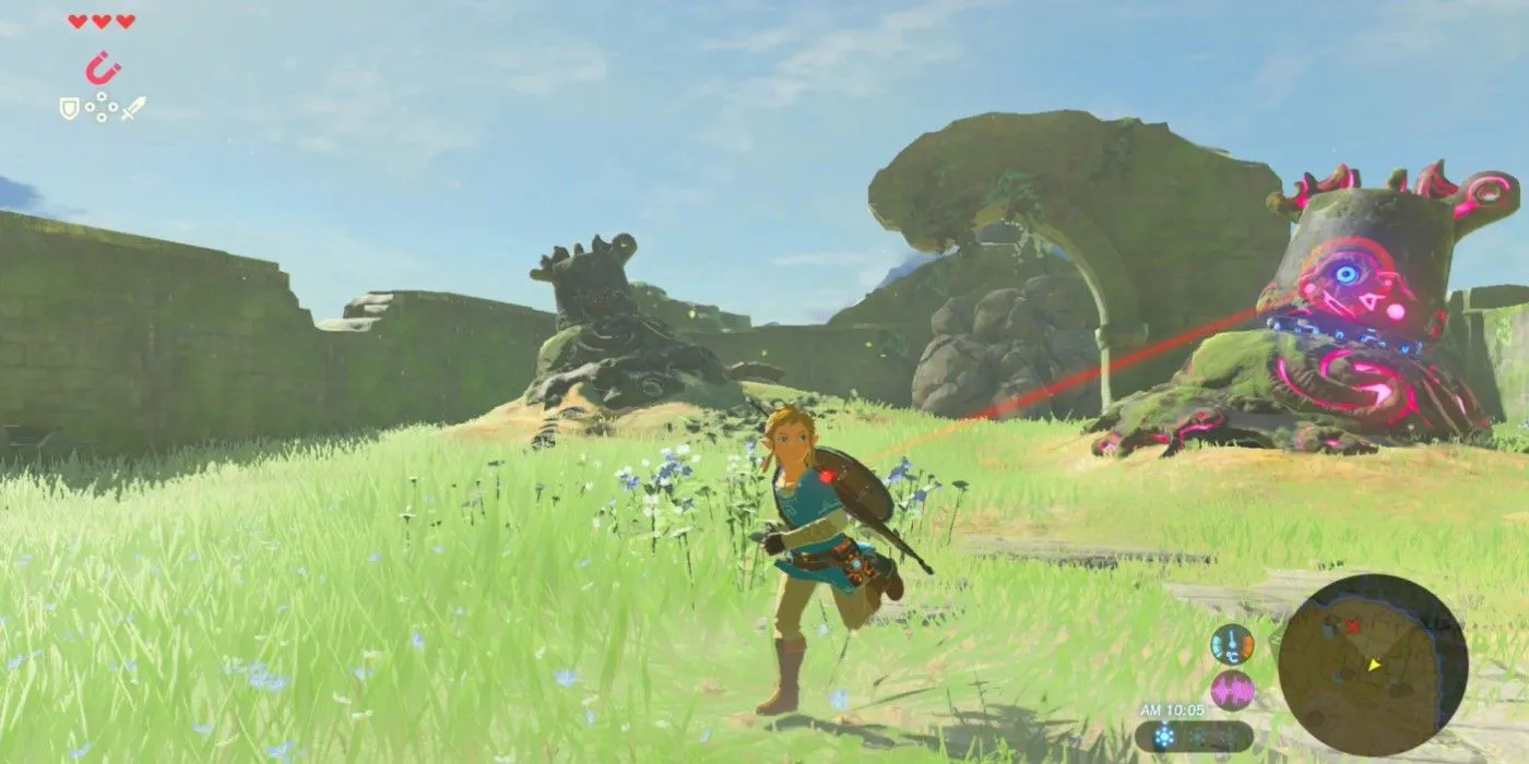 Link chạy thoát khỏi một Guardian cổ đại trong thế giới Hyrule của Zelda Breath of the Wild