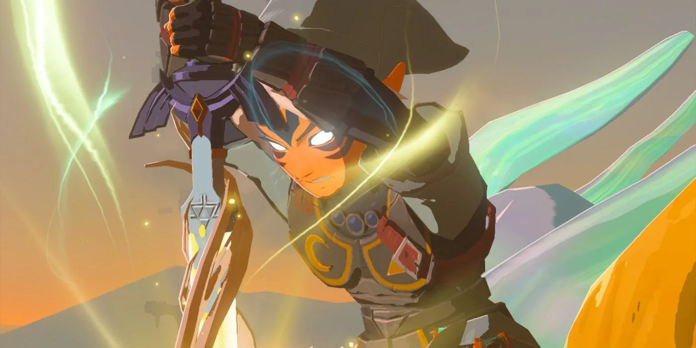 Link cưỡi rồng ánh sáng cùng thanh Master Sword trong The Legend of Zelda: Tears of the Kingdom trên Nintendo Switch 2