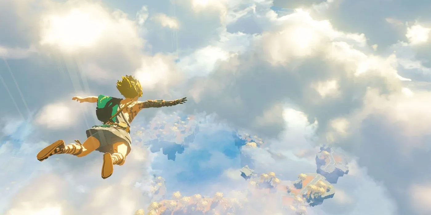 Link đang rơi tự do từ các hòn đảo trên trời xuống vùng đất Hyrule trong The Legend of Zelda: Tears of the Kingdom.
