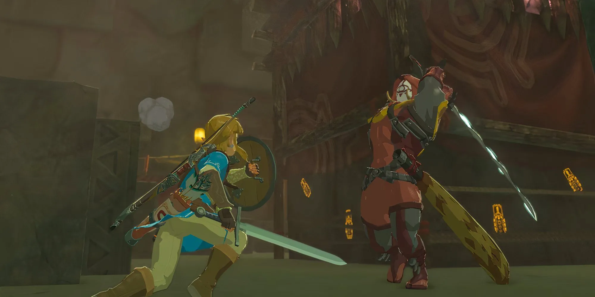Link trong The Legend of Zelda Breath of the Wild đang chiến đấu bằng kiếm với kẻ thù giữa vùng đất Hyrule rộng lớn