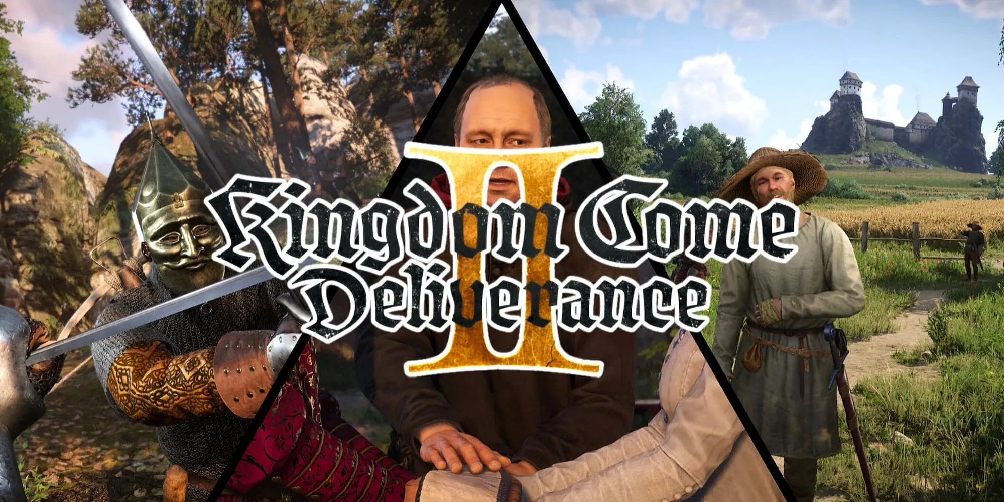 Logo Kingdom Come Deliverance 2 nổi bật trên các cảnh quay trong game, minh họa cho thế giới rộng lớn