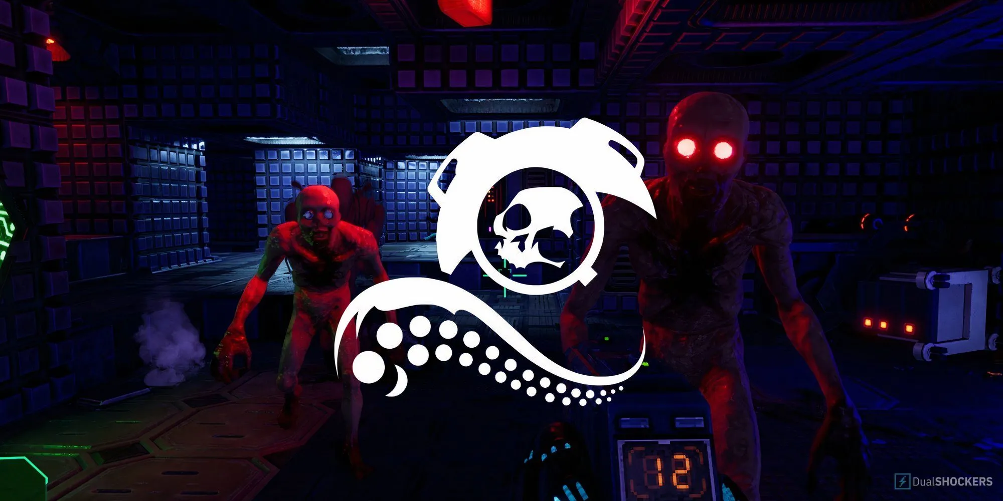 Logo Nightdive Studios trên nền game System Shock Remake với các dị nhân mắt đỏ