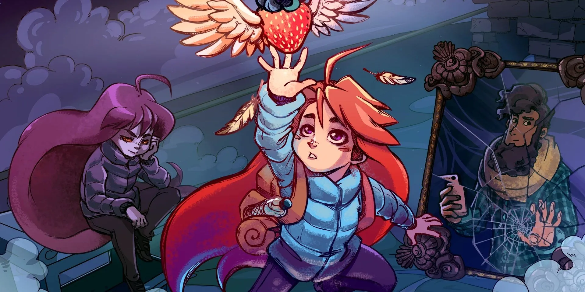 Madeline, Badeline và Theo trên ảnh bìa game Celeste