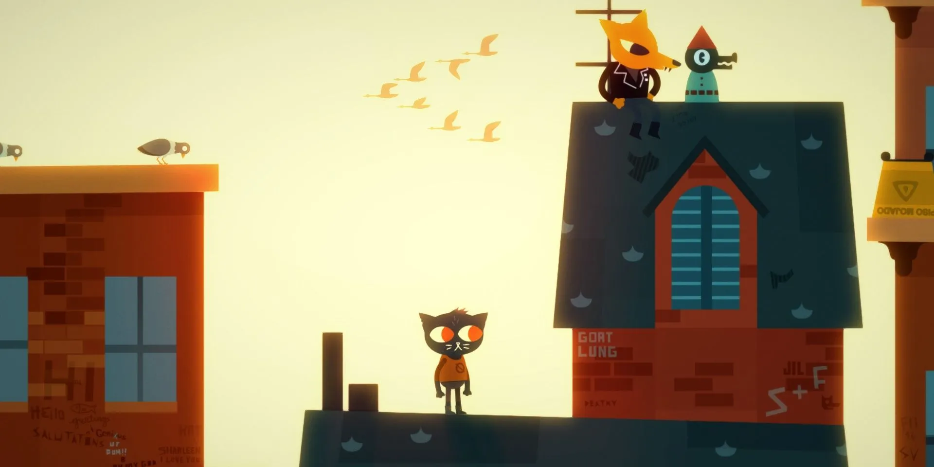Mae và Gregg trên mái nhà trong game Night in the Woods