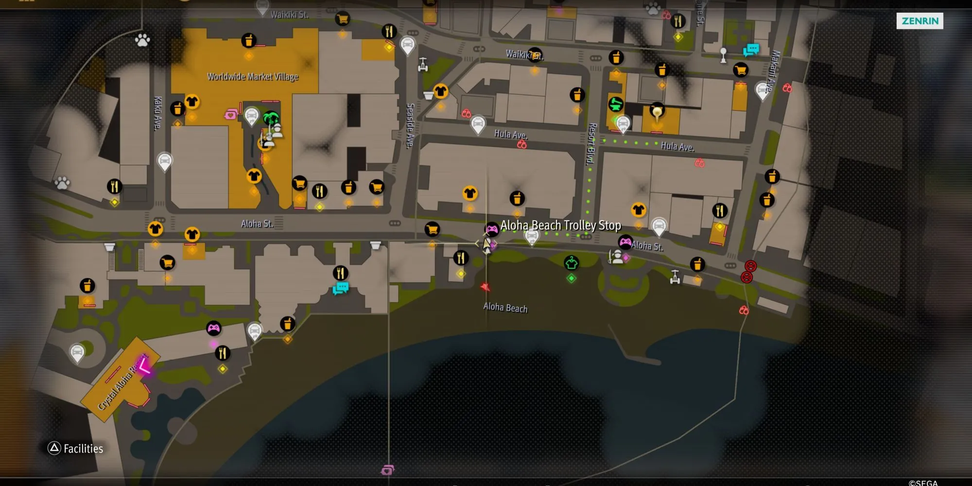 Majima đứng gần trạm xe điện Aloha Beach, điểm bắt đầu nhiệm vụ Sicko Snap trong Like a Dragon: Pirate Yakuza in Hawaii.