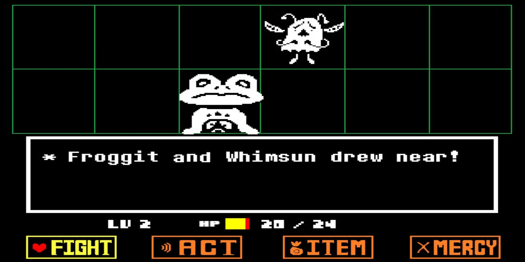 Màn hình chiến đấu trong Undertale với các lựa chọn ACT, ITEM, MERCY