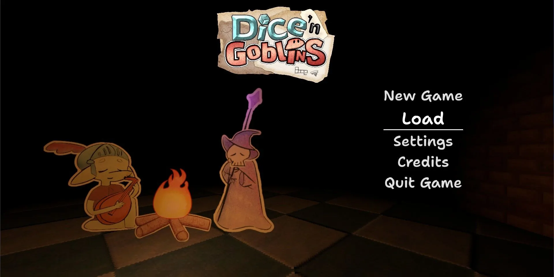 Màn hình chính của game Dice 'n Goblins với logo và nhân vật
