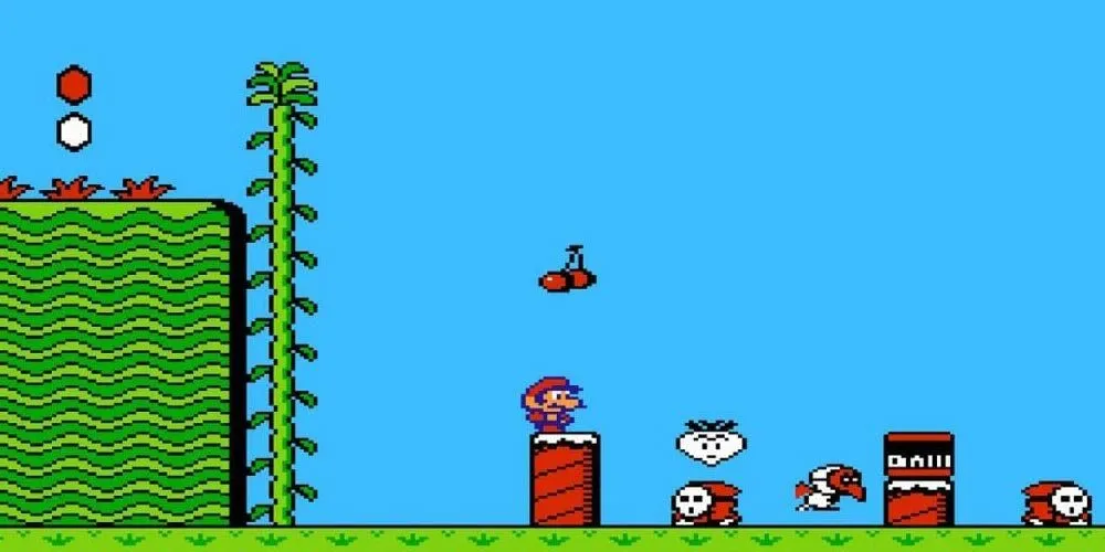 Mario đứng trên khúc gỗ trong thế giới của Super Mario Bros. 2 phiên bản Mỹ