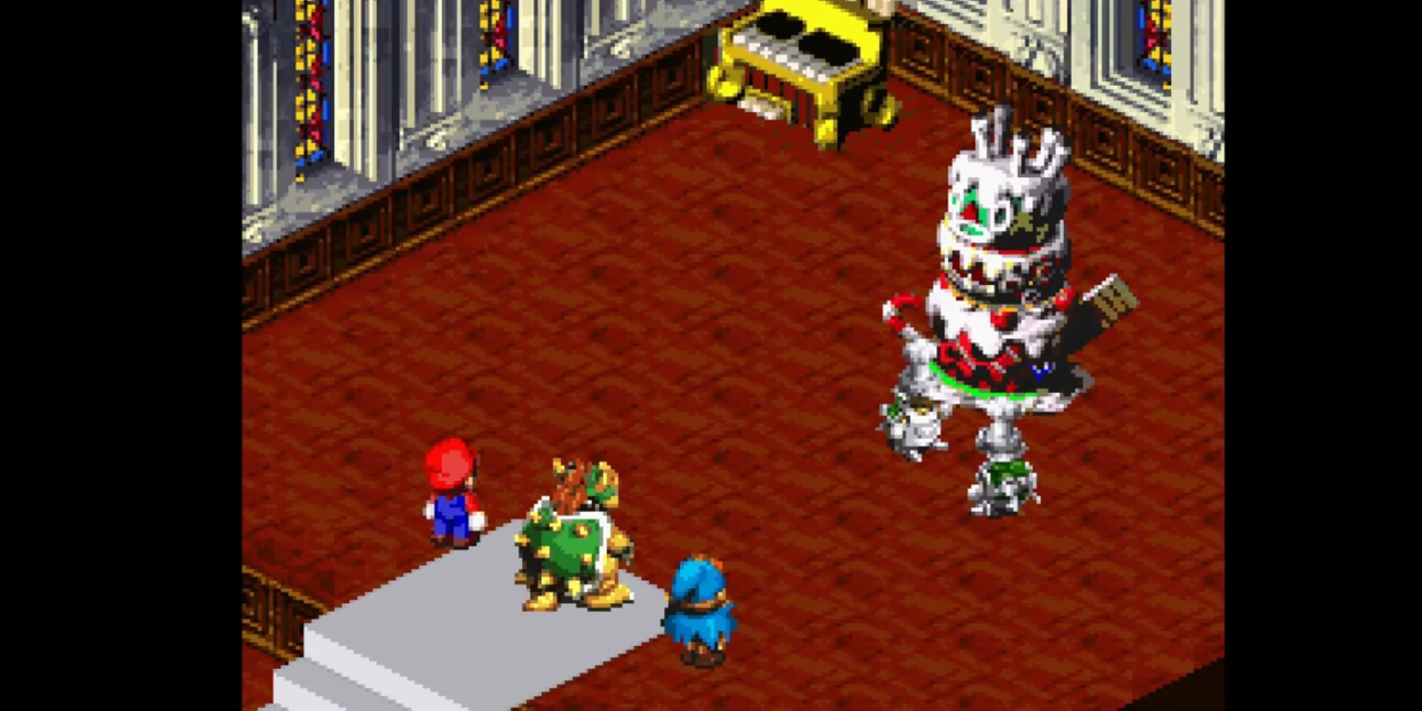 Mario, Mallow và Geno trong một trận chiến theo lượt đầy màu sắc của Super Mario RPG