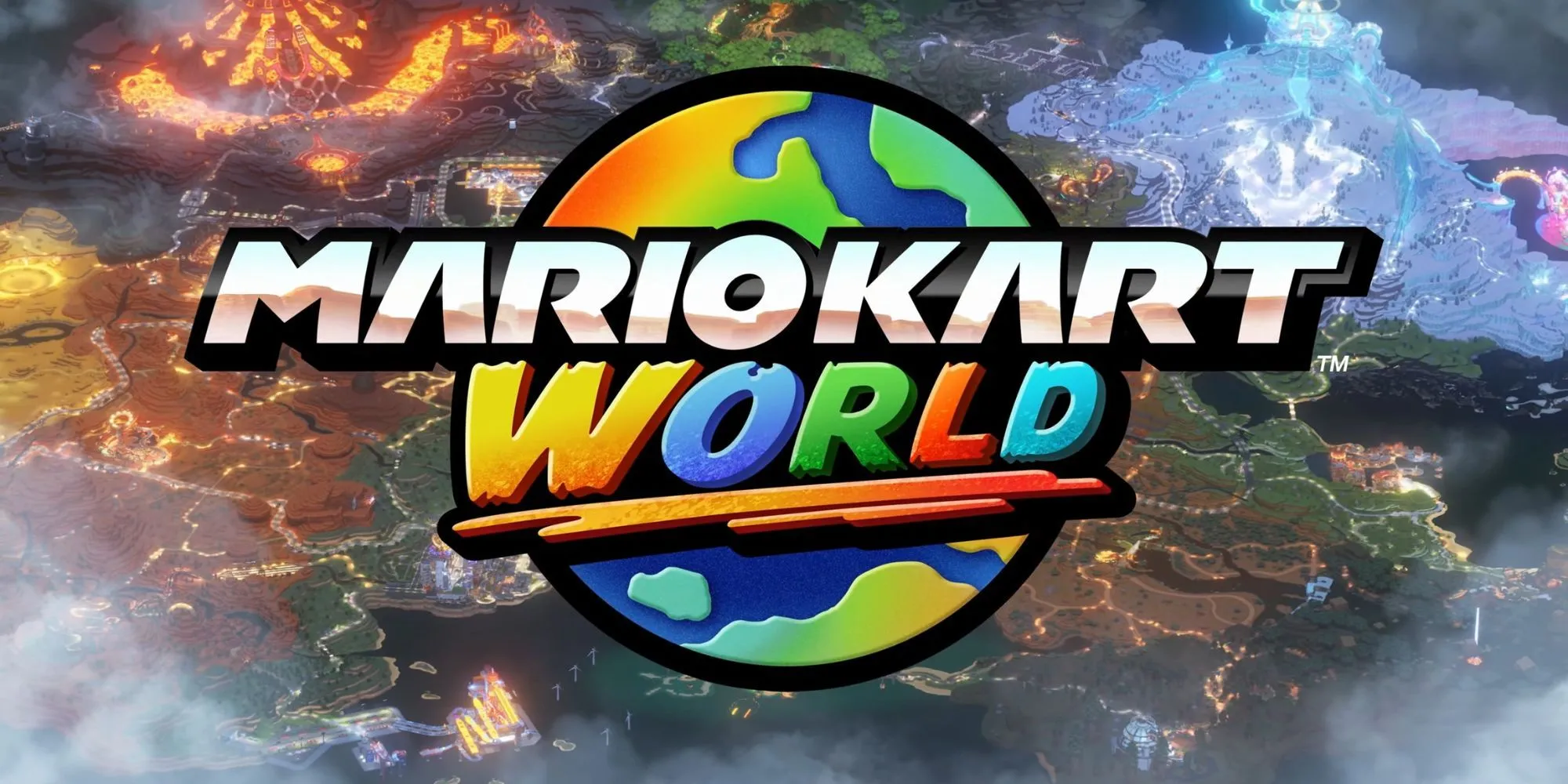 Mario và các nhân vật khác đang đua xe trong Mario Kart World trên Nintendo Switch 2 với bối cảnh thành phố hiện đại.