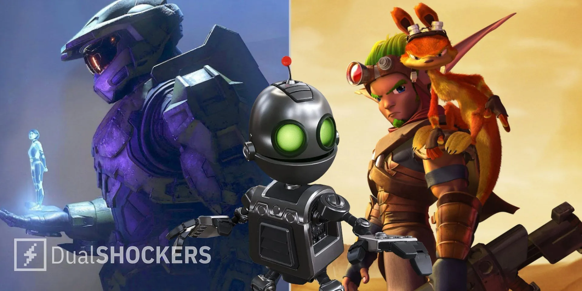 Master Chief và The Weapon, Clank từ Ratchet and Clank, và Jak cùng Daxter đứng cạnh nhau thể hiện vai trò bạn đồng hành trong game