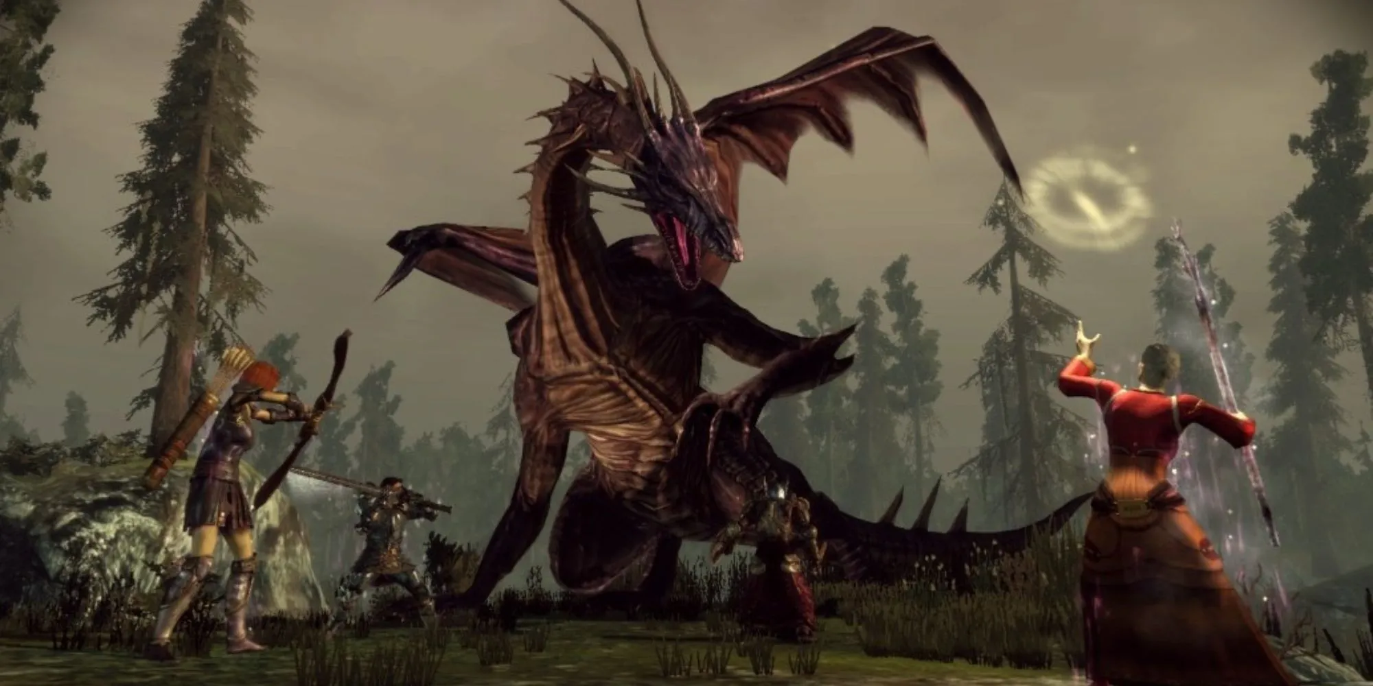 Một cảnh chiến đấu trong Dragon Age Origins với các thành viên trong đội sử dụng kỹ năng đa dạng