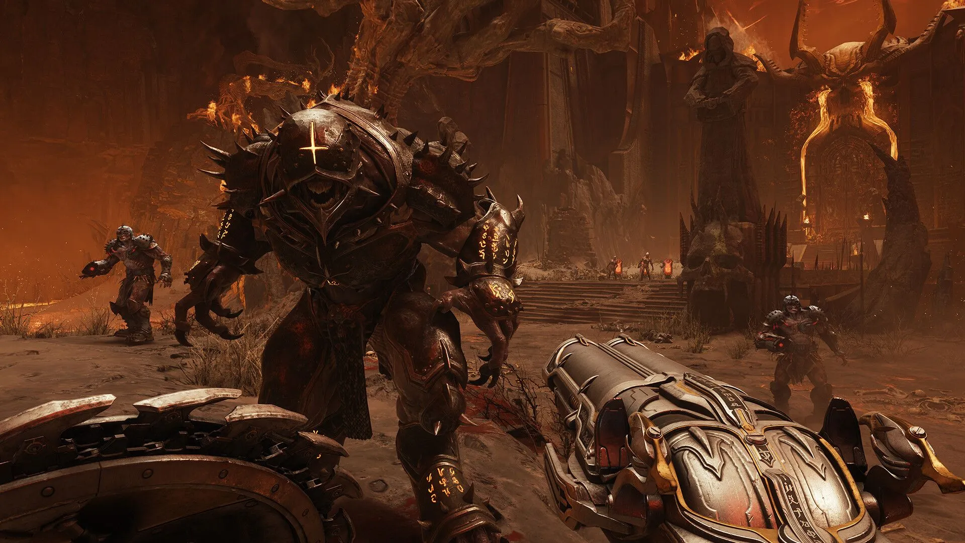 Một cảnh gameplay đầy hành động trong Doom The Dark Ages với Doom Slayer đối đầu với quái vật