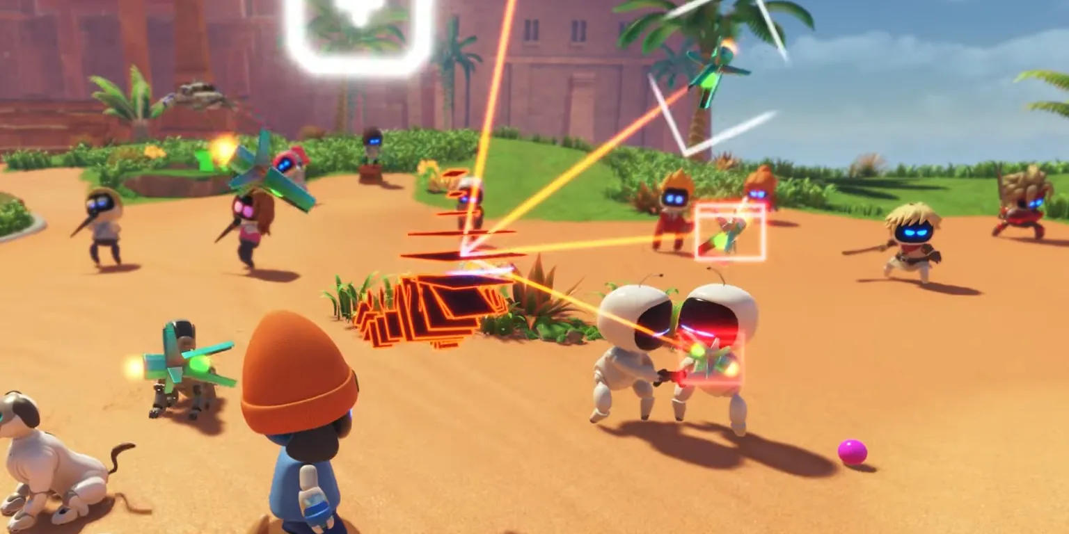 Một cảnh hành động trong game Astro Bot với nhân vật robot Rez