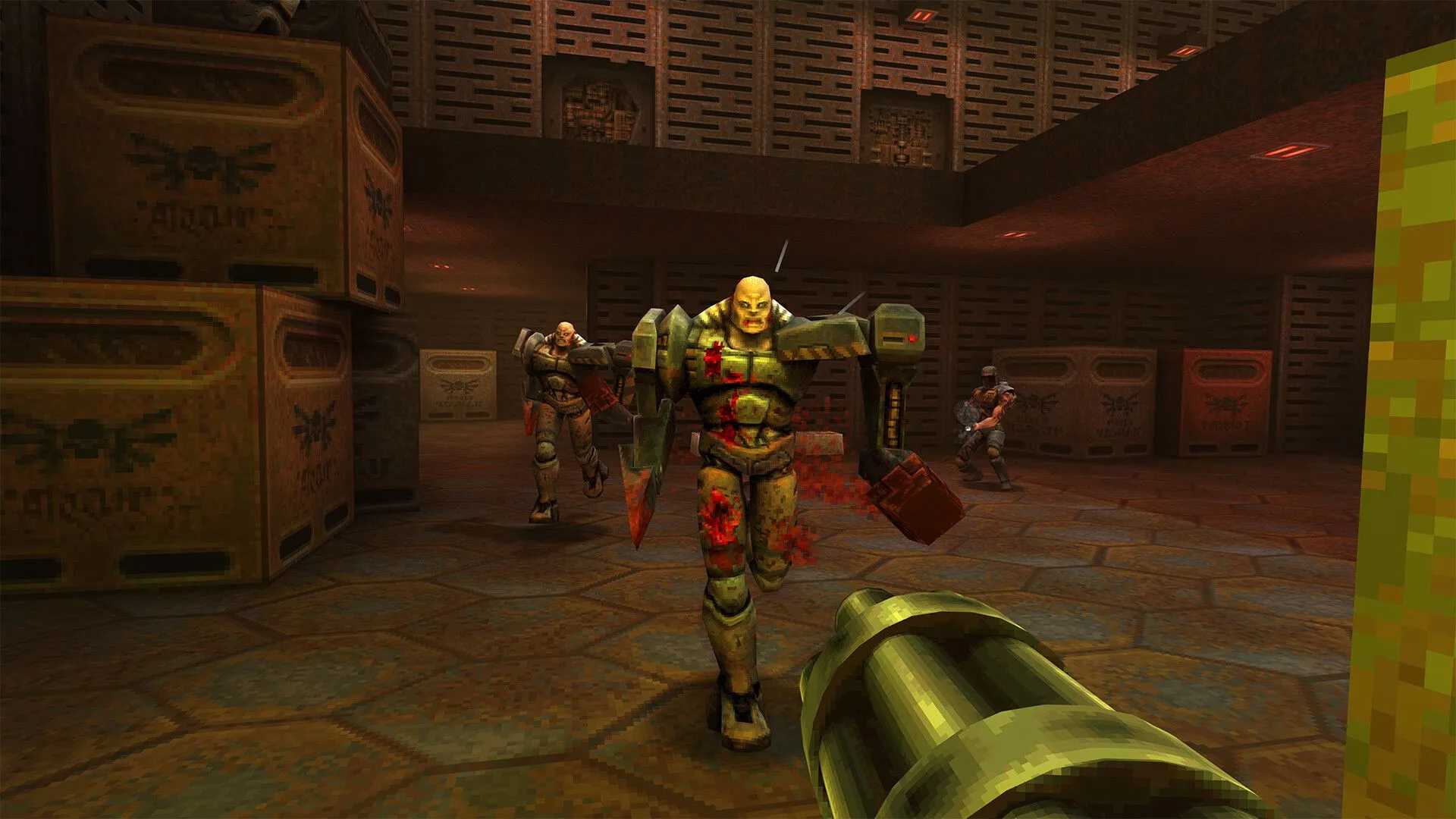 Một cảnh trong game Quake 2 với giao diện người chơi và quái vật