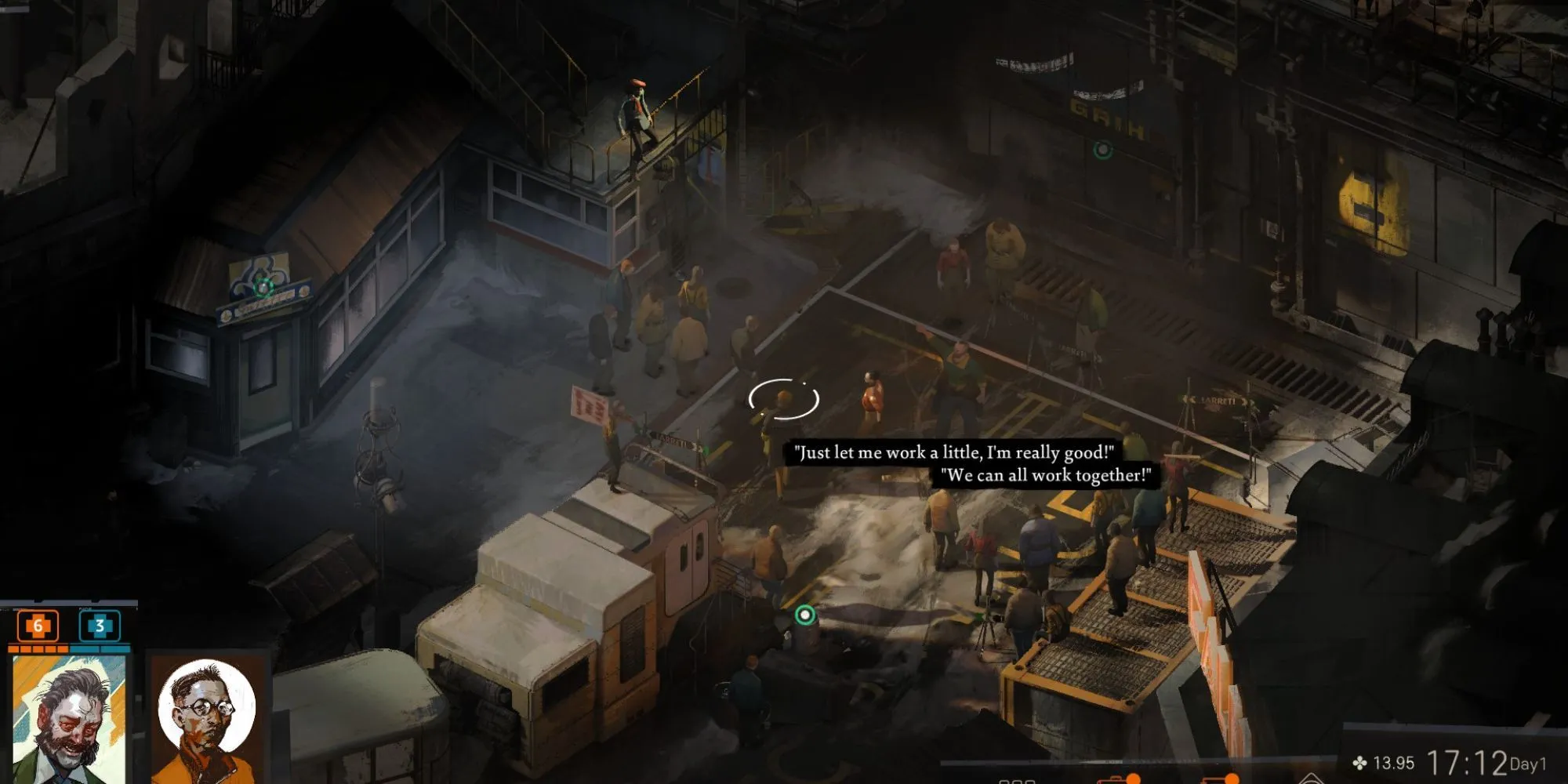 Một cảnh tung xúc xắc kiểm tra kỹ năng trong Disco Elysium