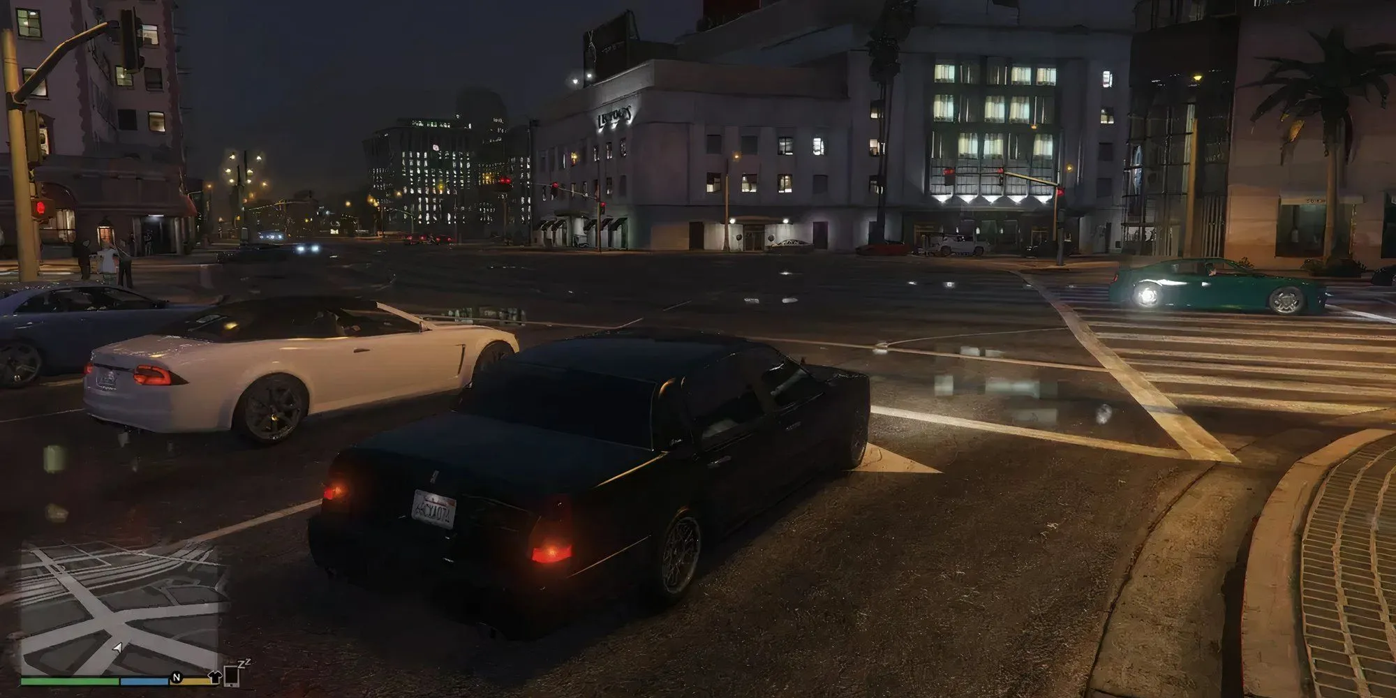 Một chiếc xe hơi di chuyển trên đường phố Los Santos trong GTA 5, phản ánh văn hóa xe hơi