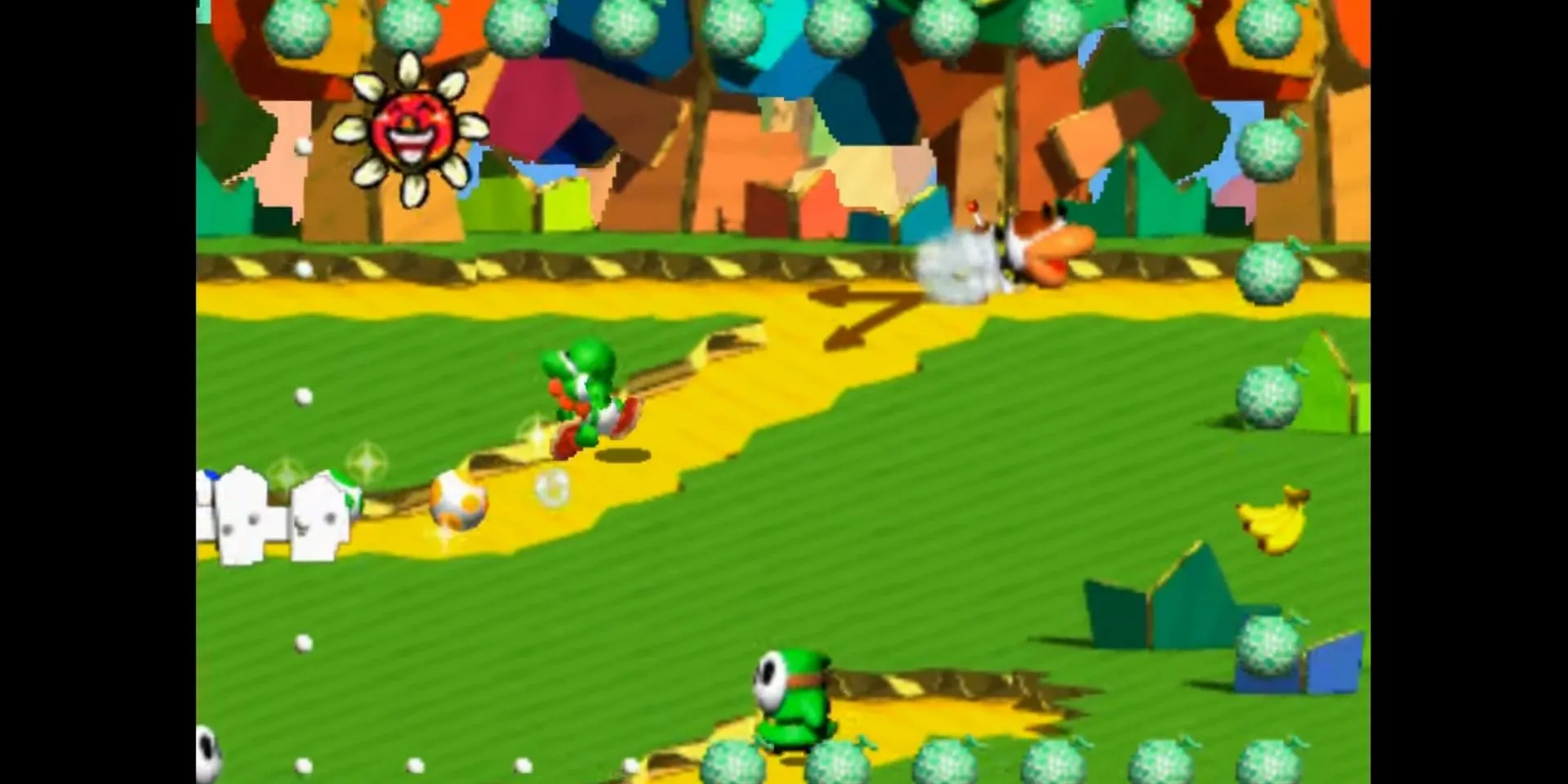 Một chú Yoshi chạy trên ngọn đồi trong game Yoshi's Story trên Nintendo 64