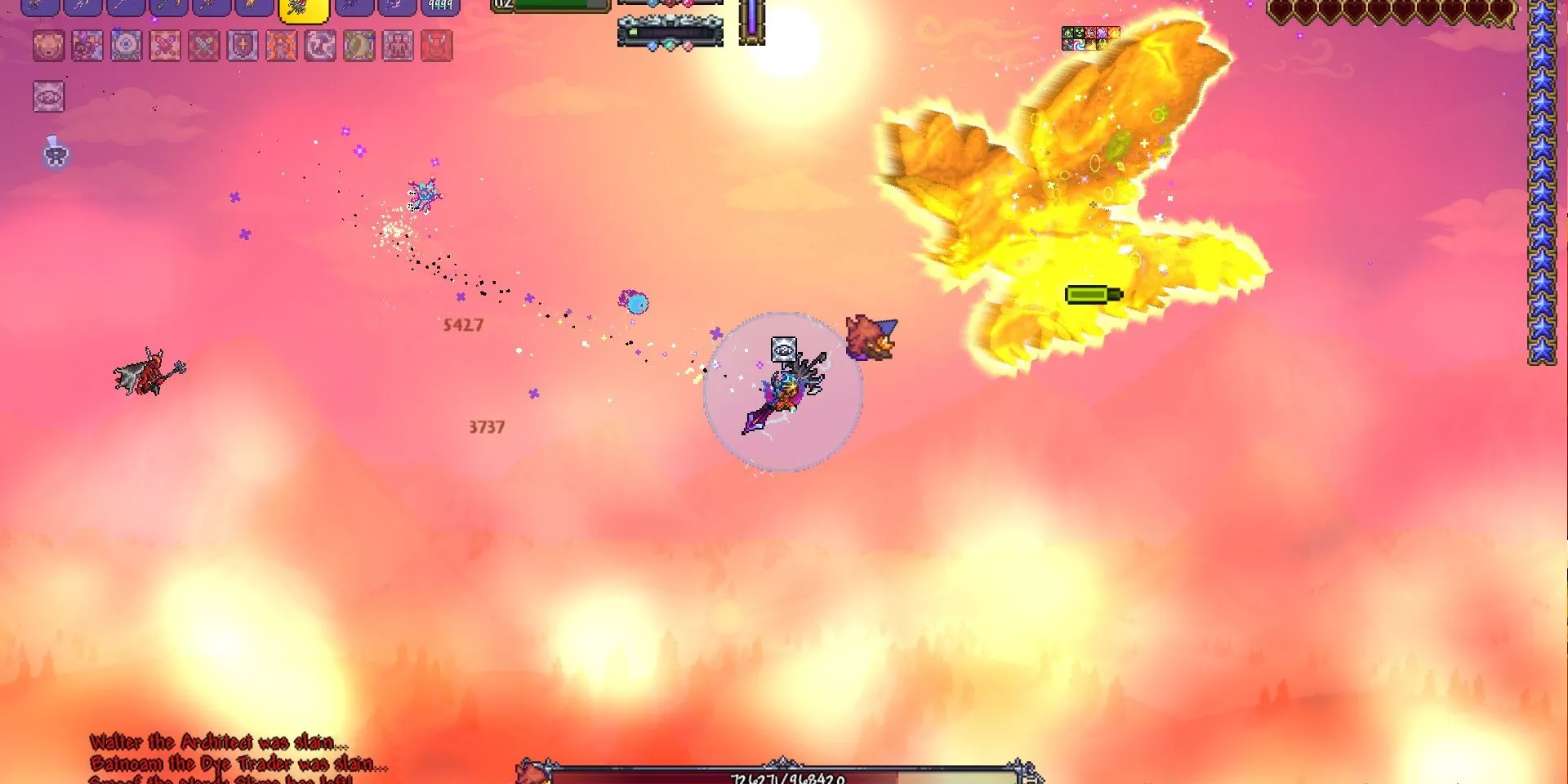 Một con trùm Yharon trong Terraria Calamity Mod với nhiều hiệu ứng lửa và dung nham