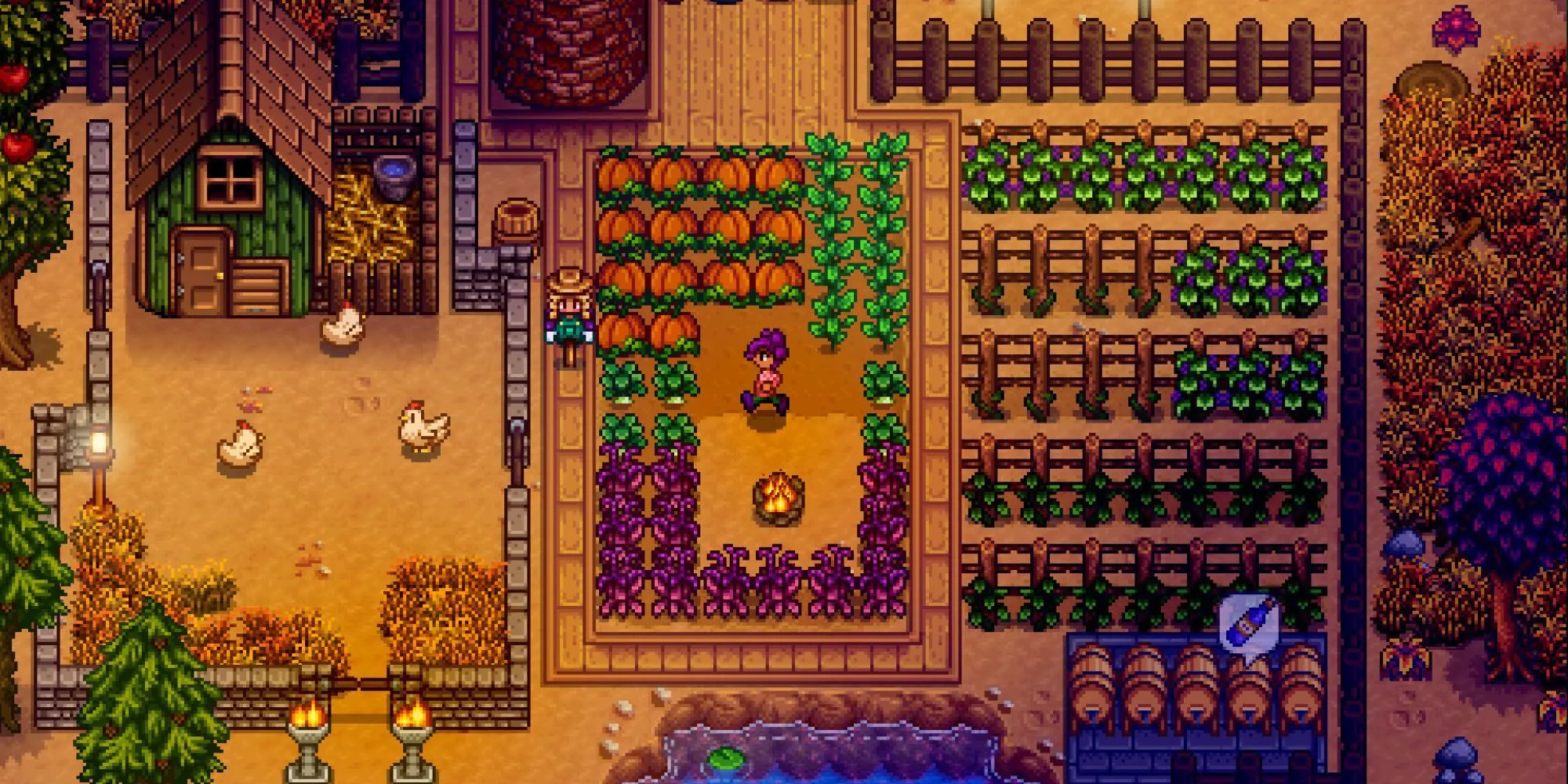 Một góc nhìn nông trại yên bình trong Stardew Valley với các loại cây trồng và nhà cửa