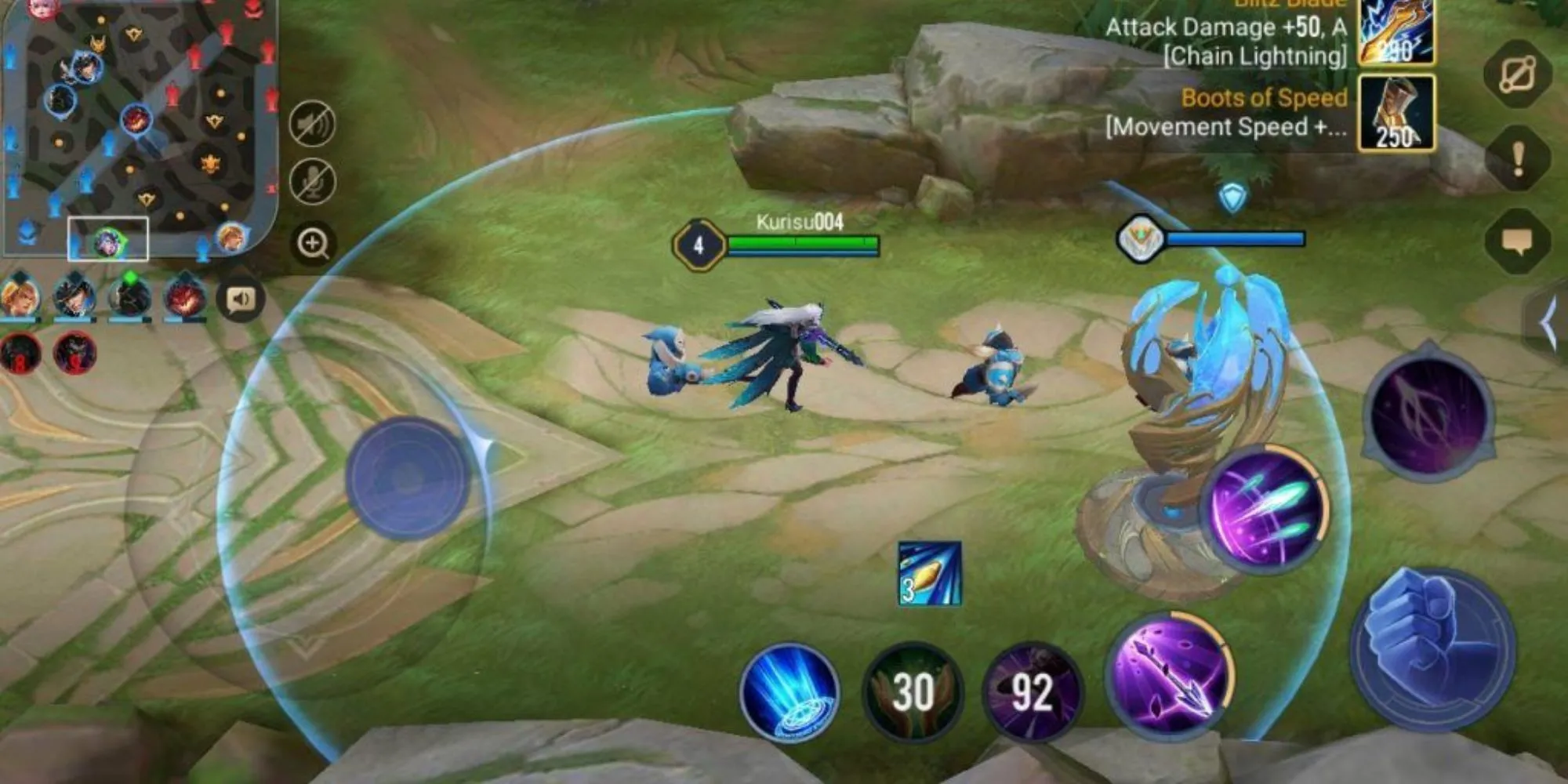 Một nhân vật trong Arena of Valor đang di chuyển với vòng tròn xanh biểu thị tầm kỹ năng