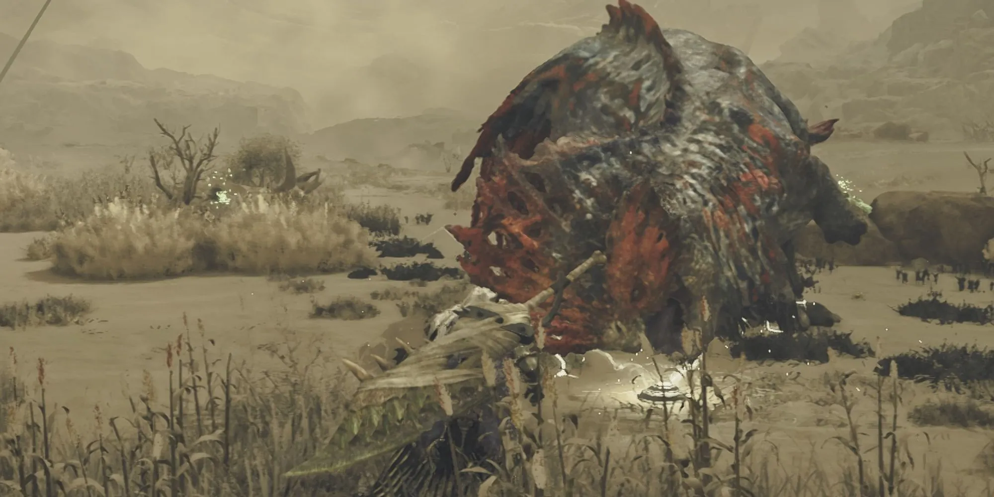 Một thợ săn đang đặt Bẫy Sốc (Shock Trap) trong Monster Hunter Wilds để vô hiệu hóa quái vật