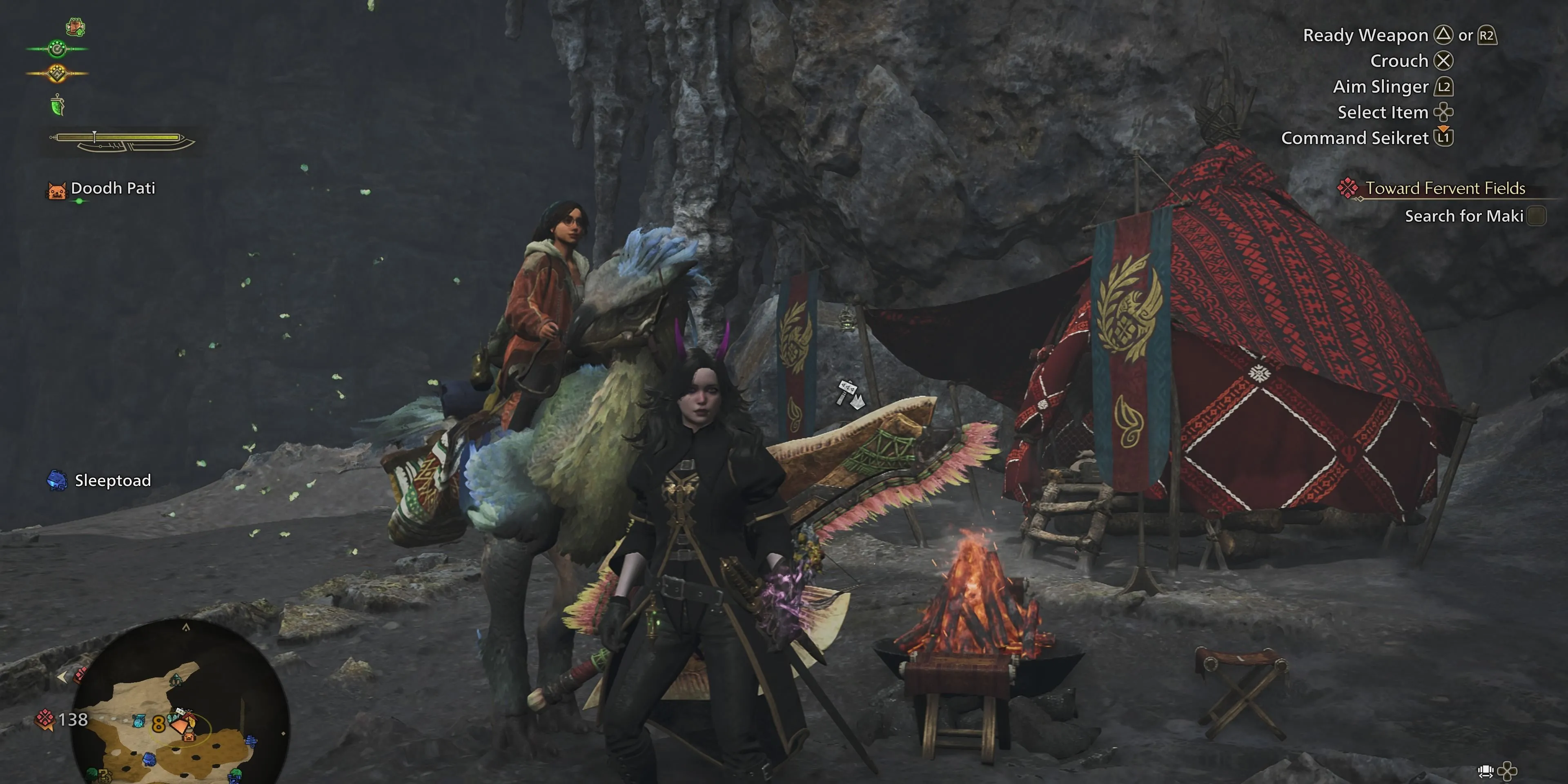 Một Trại Tạm Thời đã được tùy chỉnh hoàn chỉnh trong Monster Hunter Wilds với các vật phẩm trang trí