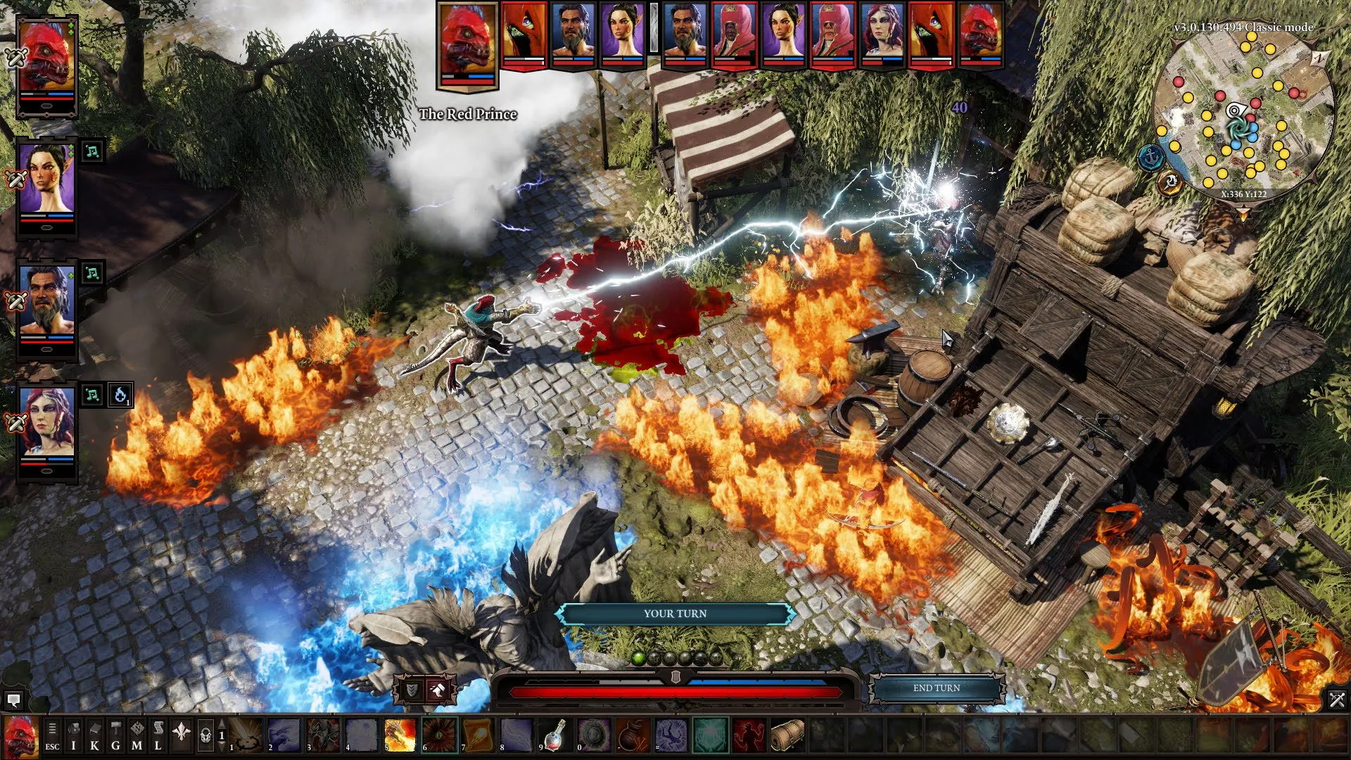 Một trận chiến trong Divinity Original Sin 2 với các hiệu ứng phép thuật và môi trường tương tác
