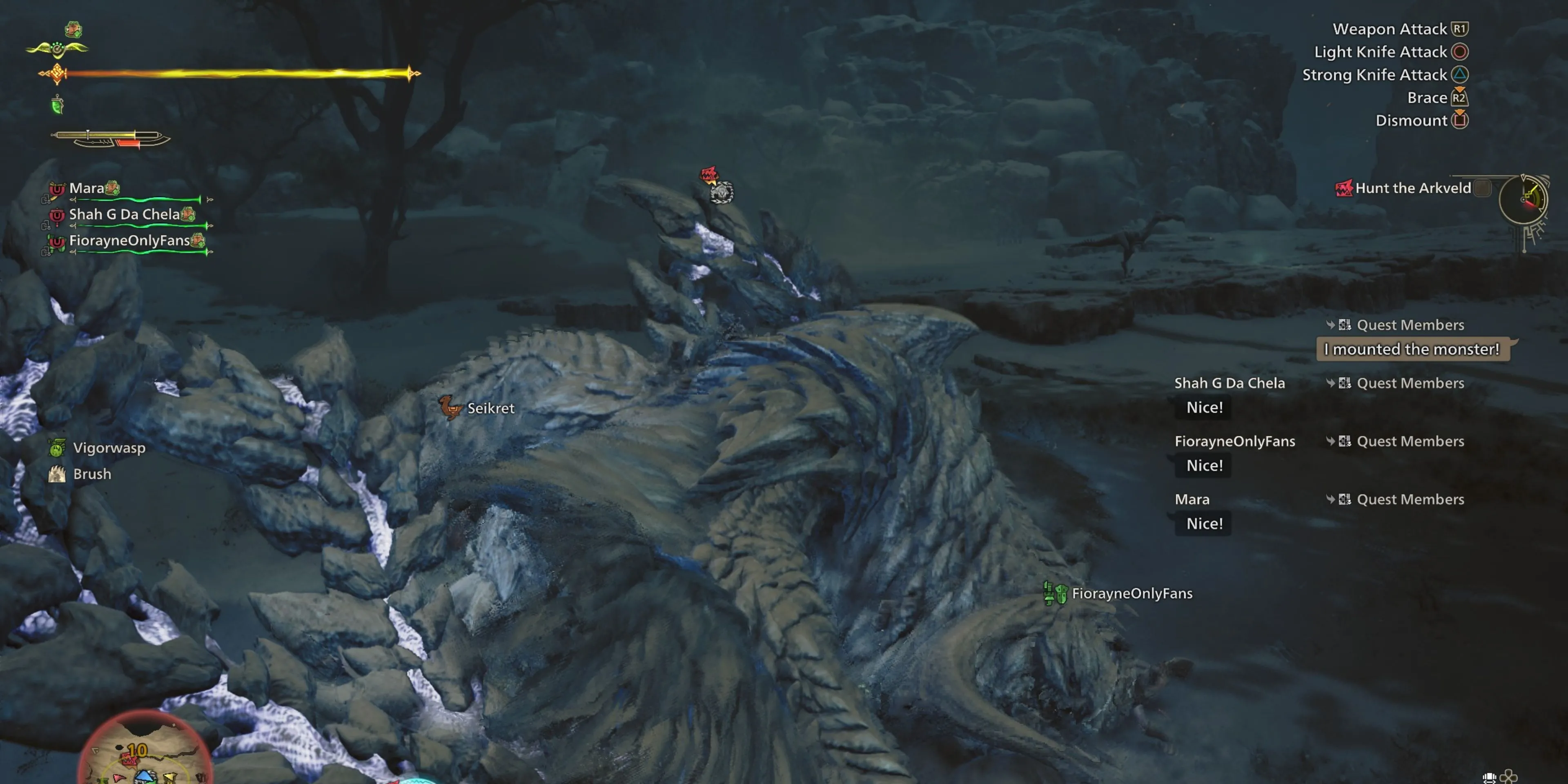 Người chơi đang thực hiện kỹ năng cưỡi quái trong Monster Hunter Wilds cùng đồng đội