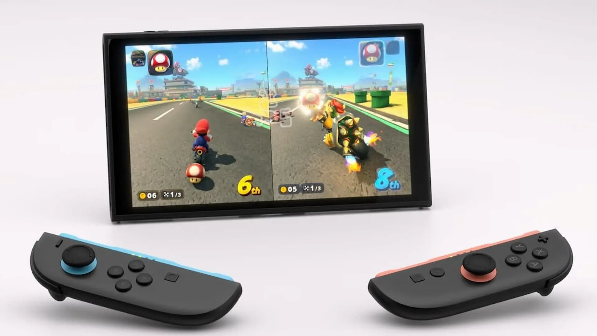 Người chơi đang trải nghiệm Mario Kart World trên Nintendo Switch 2 với tay cầm Joy-Con kép hiển thị tính năng GameChat