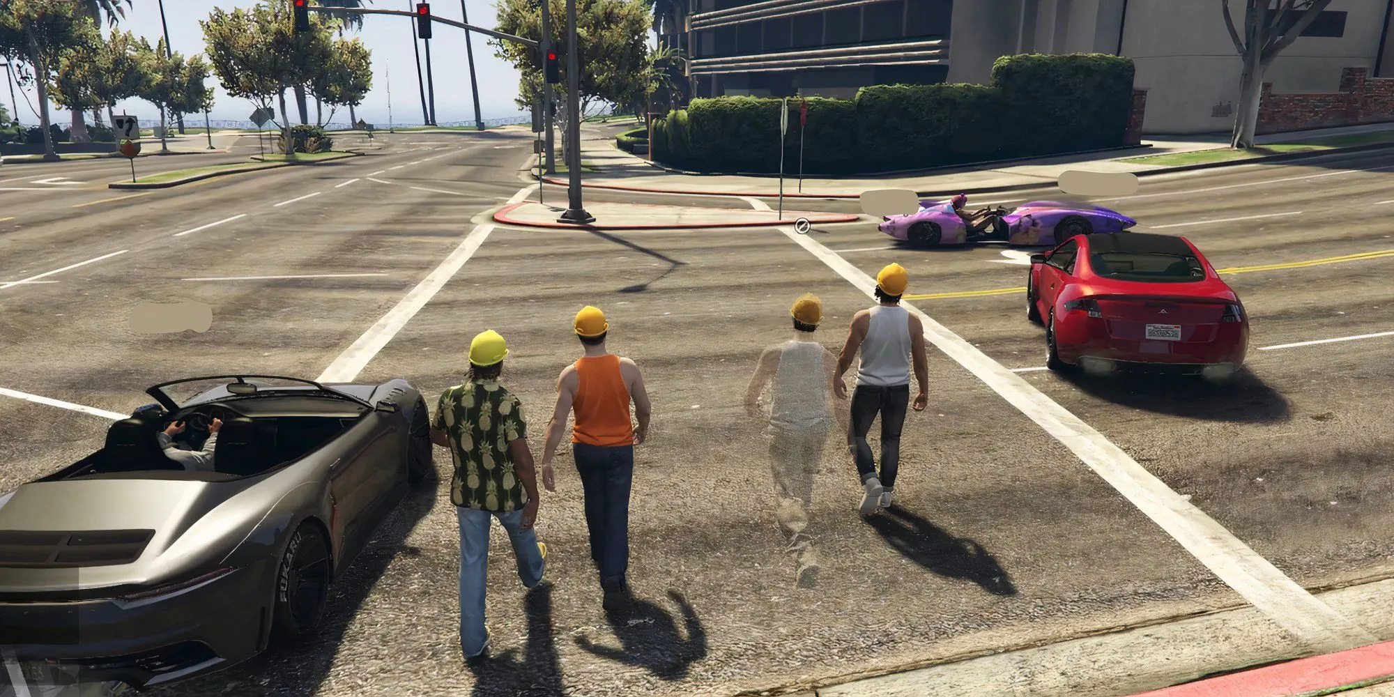 Người chơi GTA Online khác dùng xe chặn đường bảo vệ nhóm biểu tình đi bộ qua giao lộ an toàn